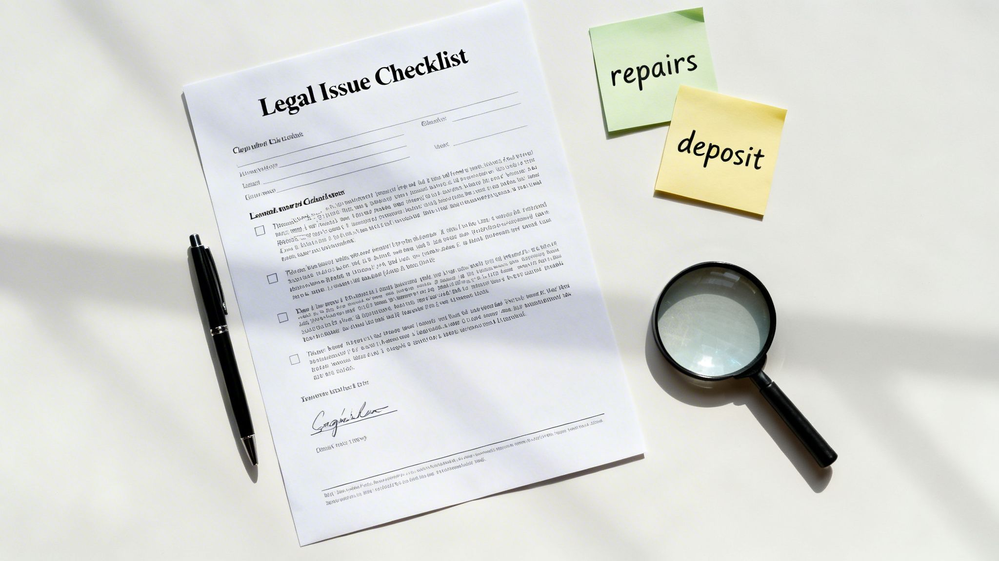 A legal issue checklist document, pen, magnifying glass, and sticky notes for property repairs and deposit.
