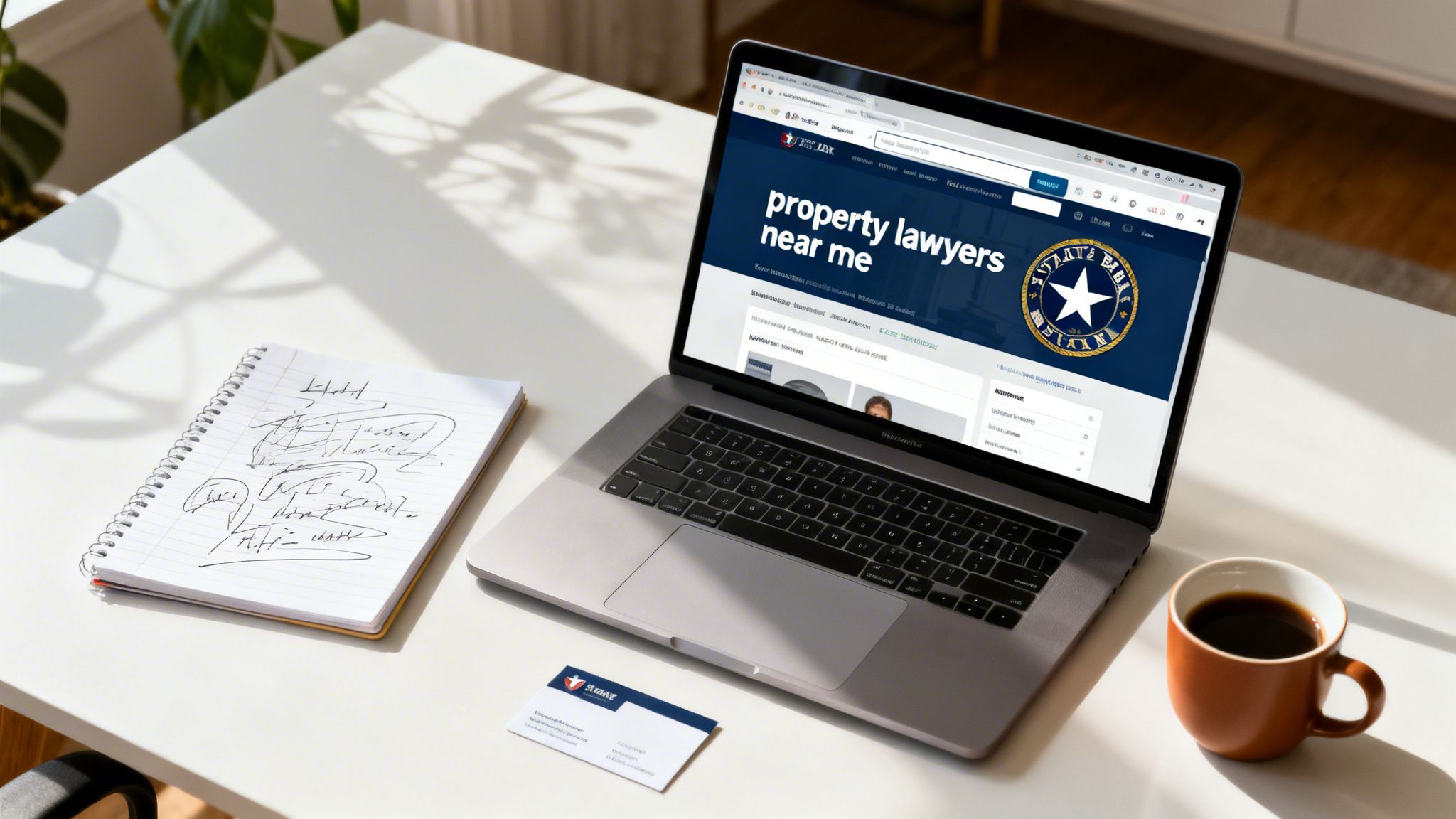 A laptop displaying 'property lawyers near me' search results, a notebook, coffee, and a business card on a white desk.