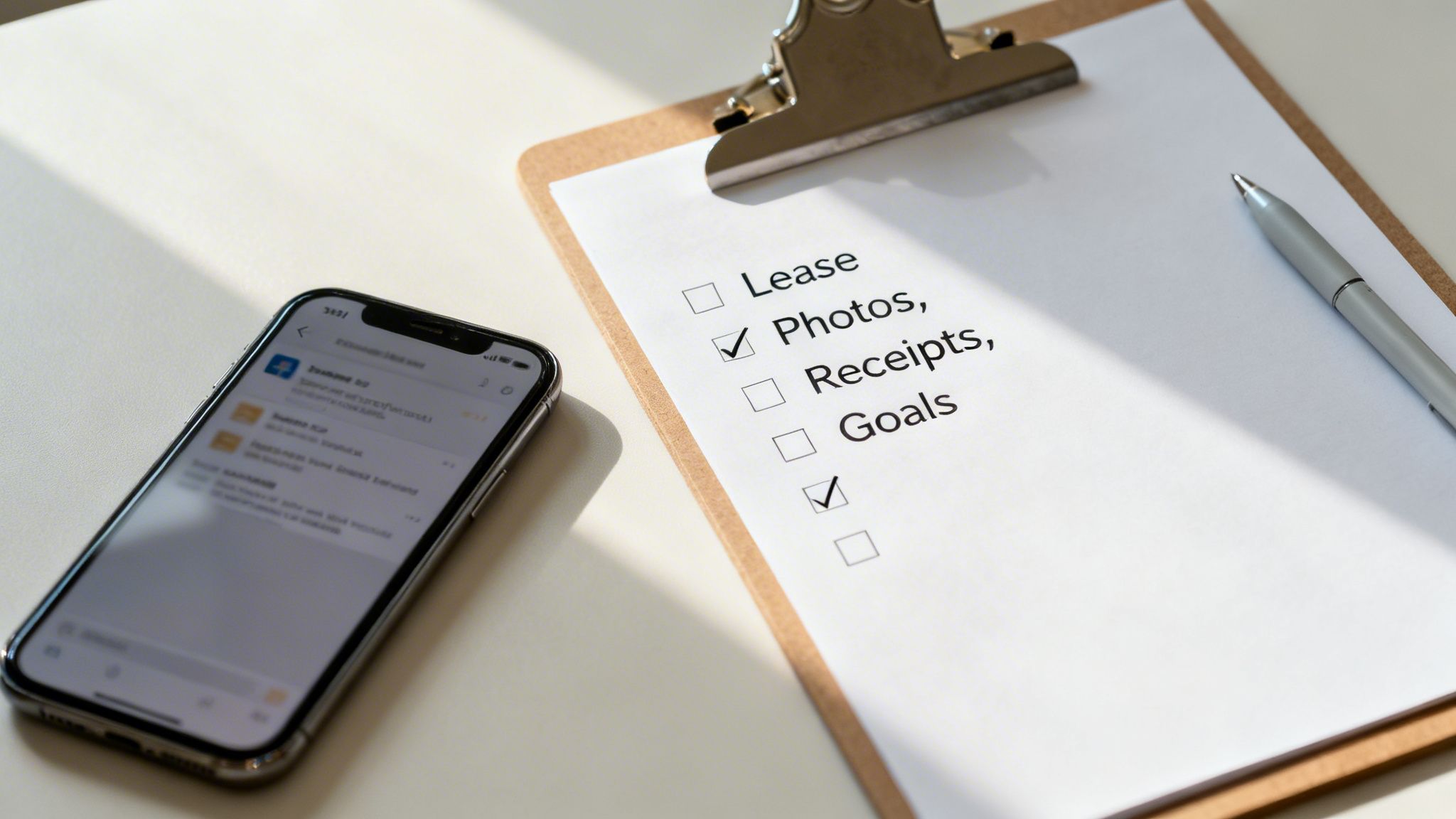 A clipboard with a checklist including 'Lease', 'Photos', 'Receipts', and 'Goals', next to a smartphone and a pen on a desk.