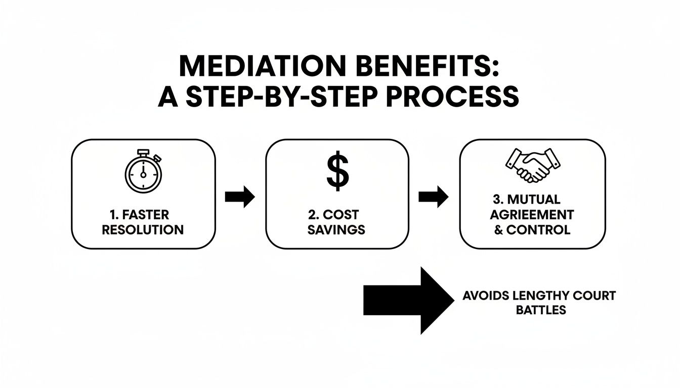 Flowchart illustrating mediation benefits: faster resolution, cost savings, mutual agreement, and avoiding court battles.