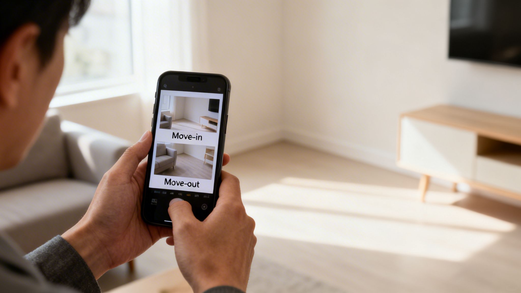 Person holding smartphone comparing 'move-in' and 'move-out' photos of a rental apartment.
