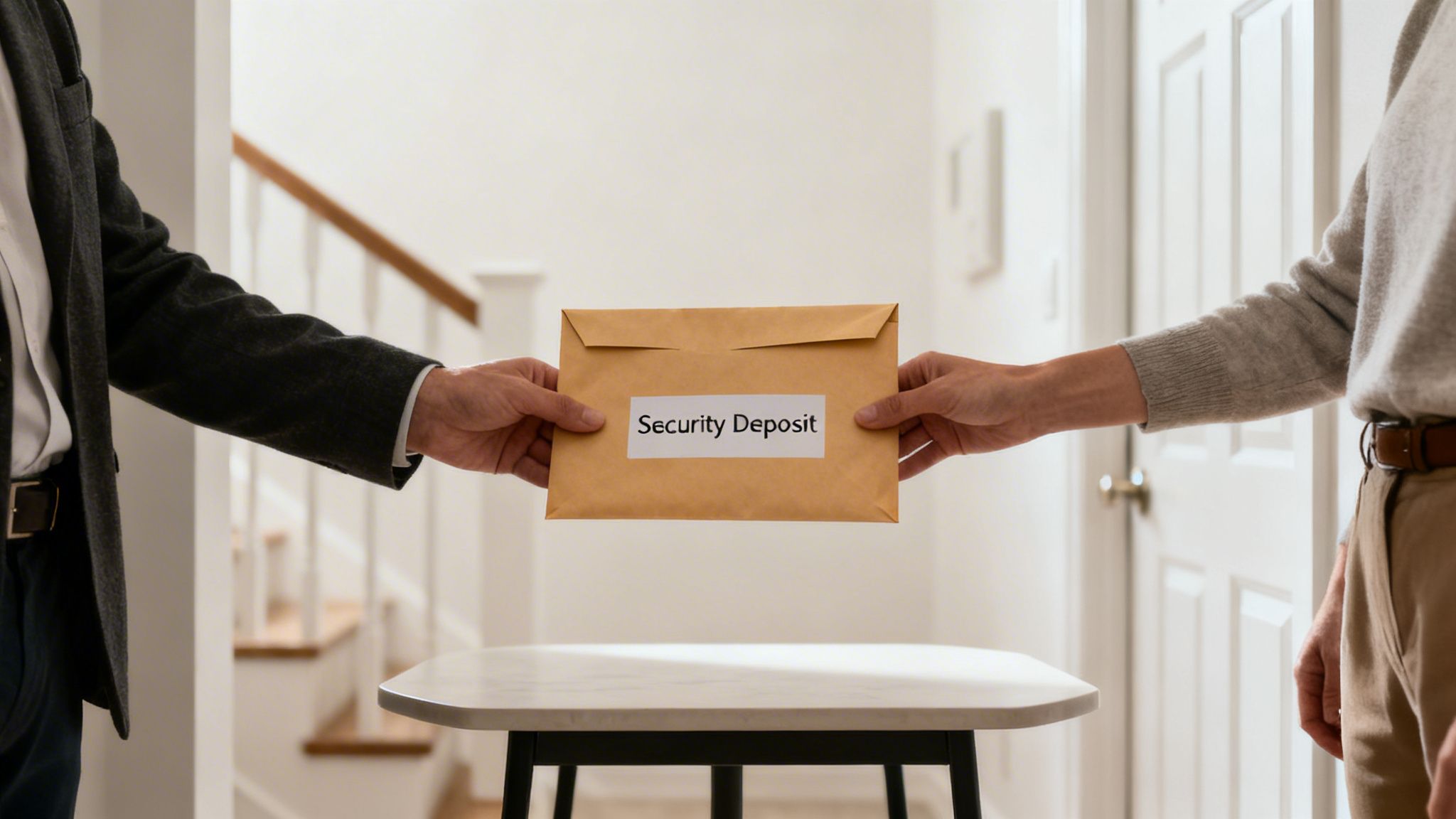 Hands exchanging a "Security Deposit" envelope over a table, signifying a rental agreement.
