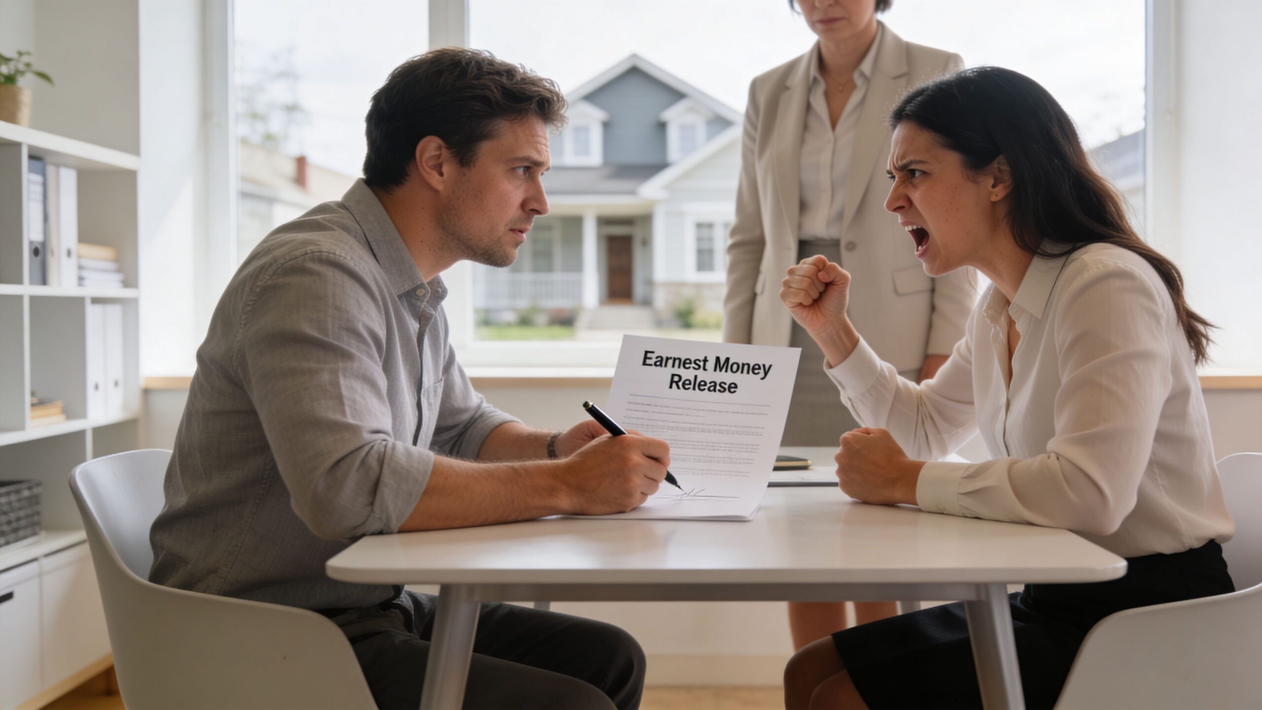 A man signing an Earnest Money Release document while a woman shouts and gestures angrily at him.