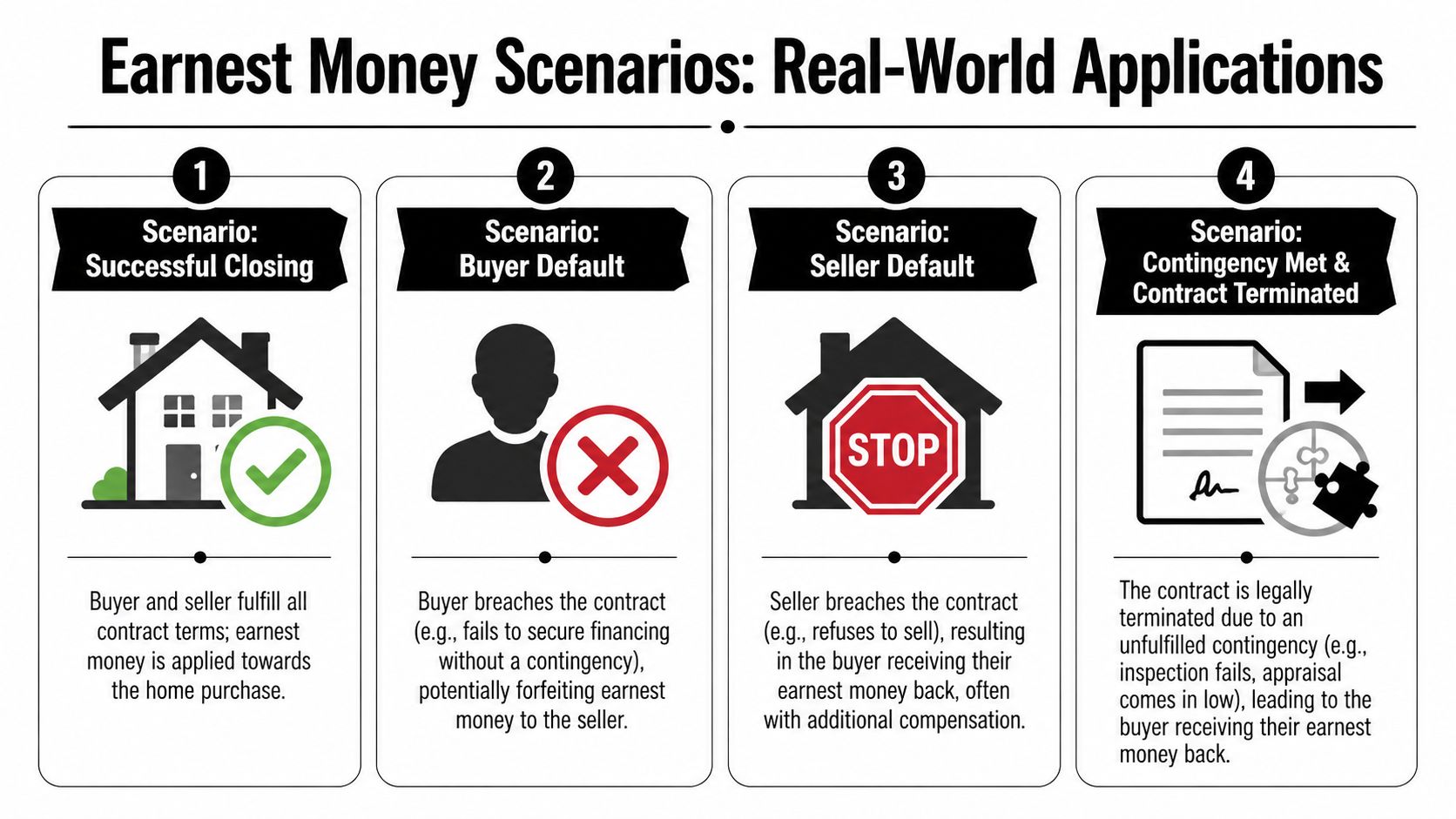 An infographic detailing four scenarios of earnest money in real estate transactions, including successful closings and contract defaults.