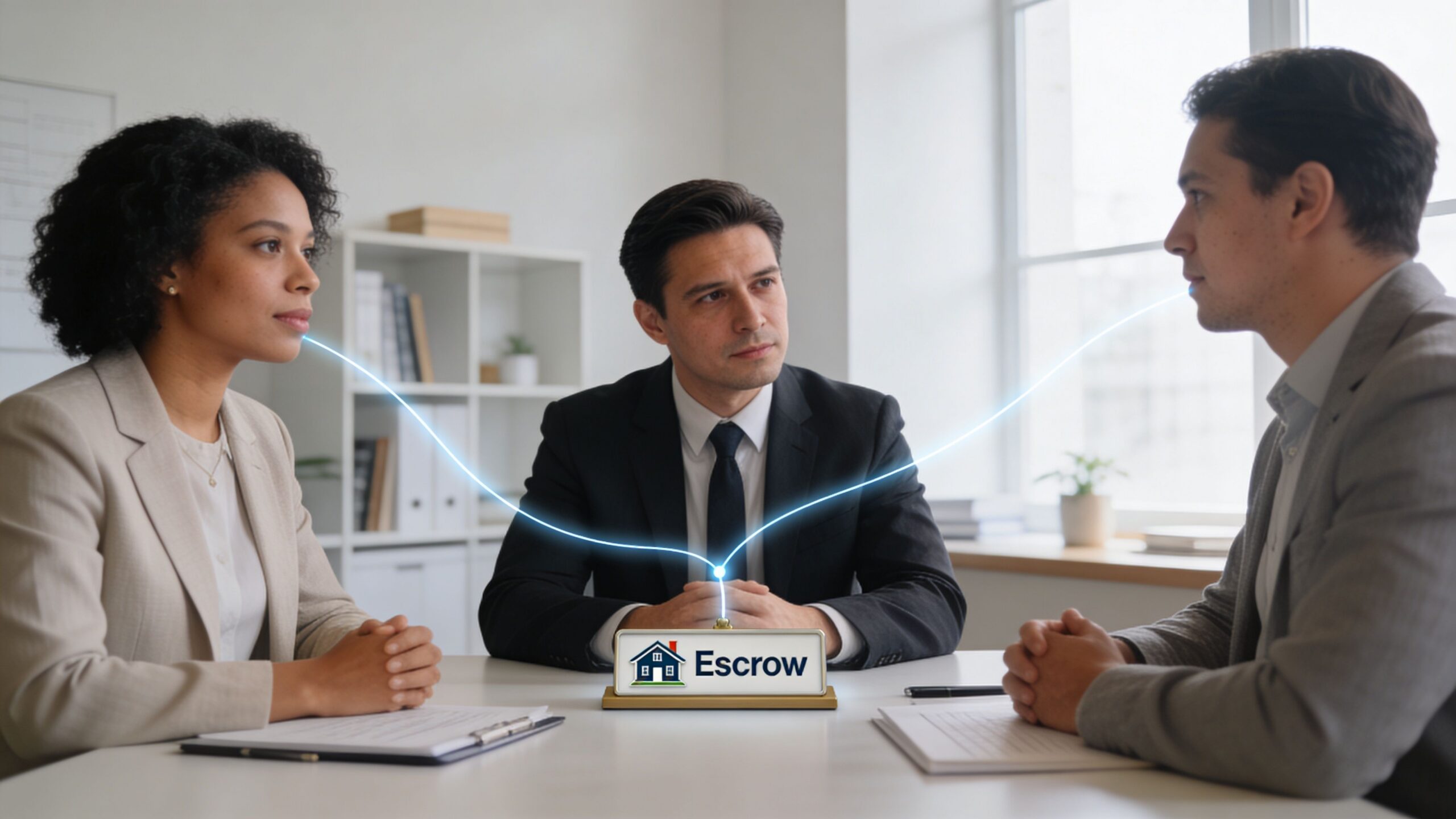 A real estate agent facilitates an escrow agreement between a home buyer and a seller at a desk.