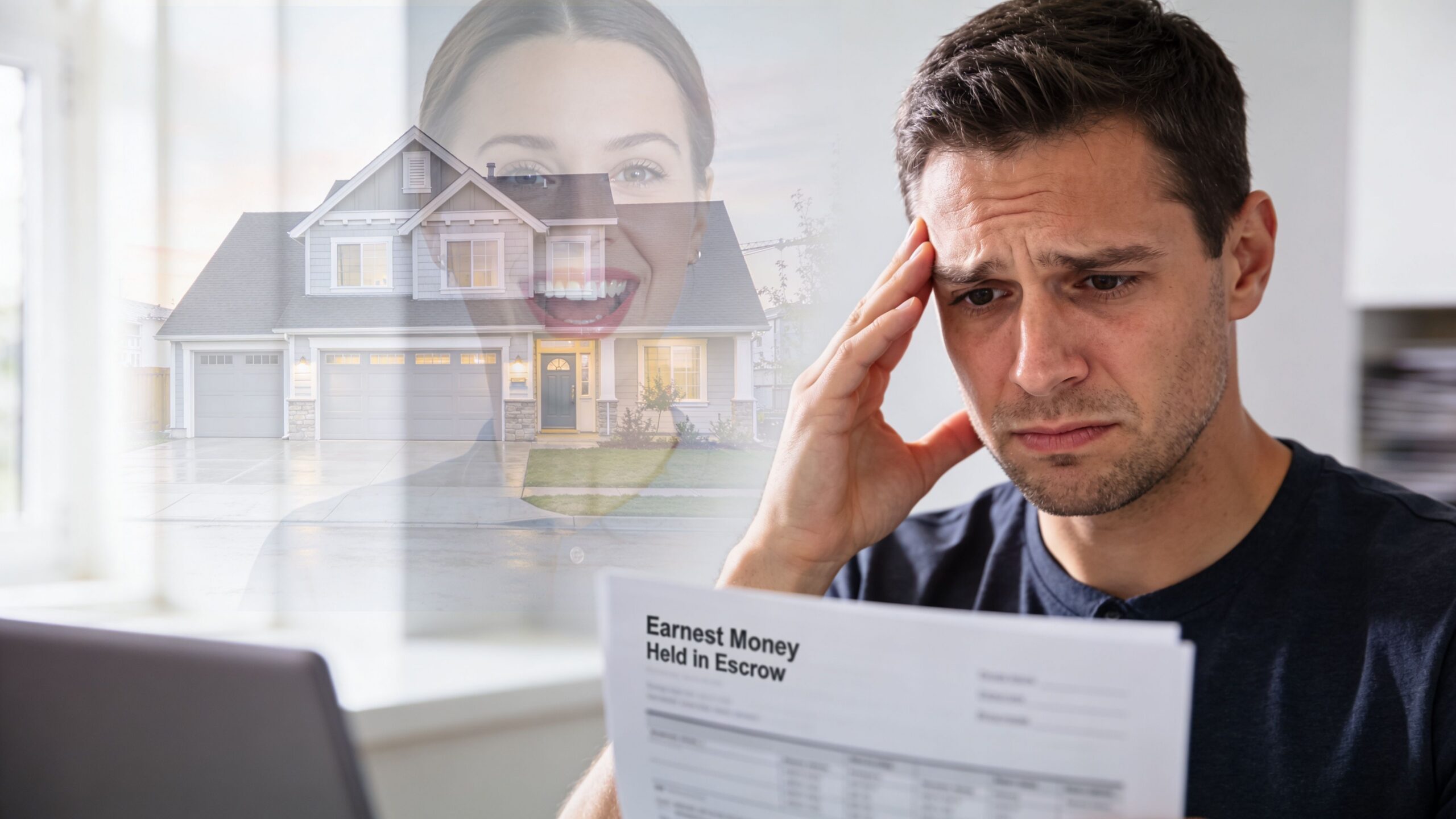 Stressed man reviewing earnest money documents while envisioning a dream house purchase transaction process.