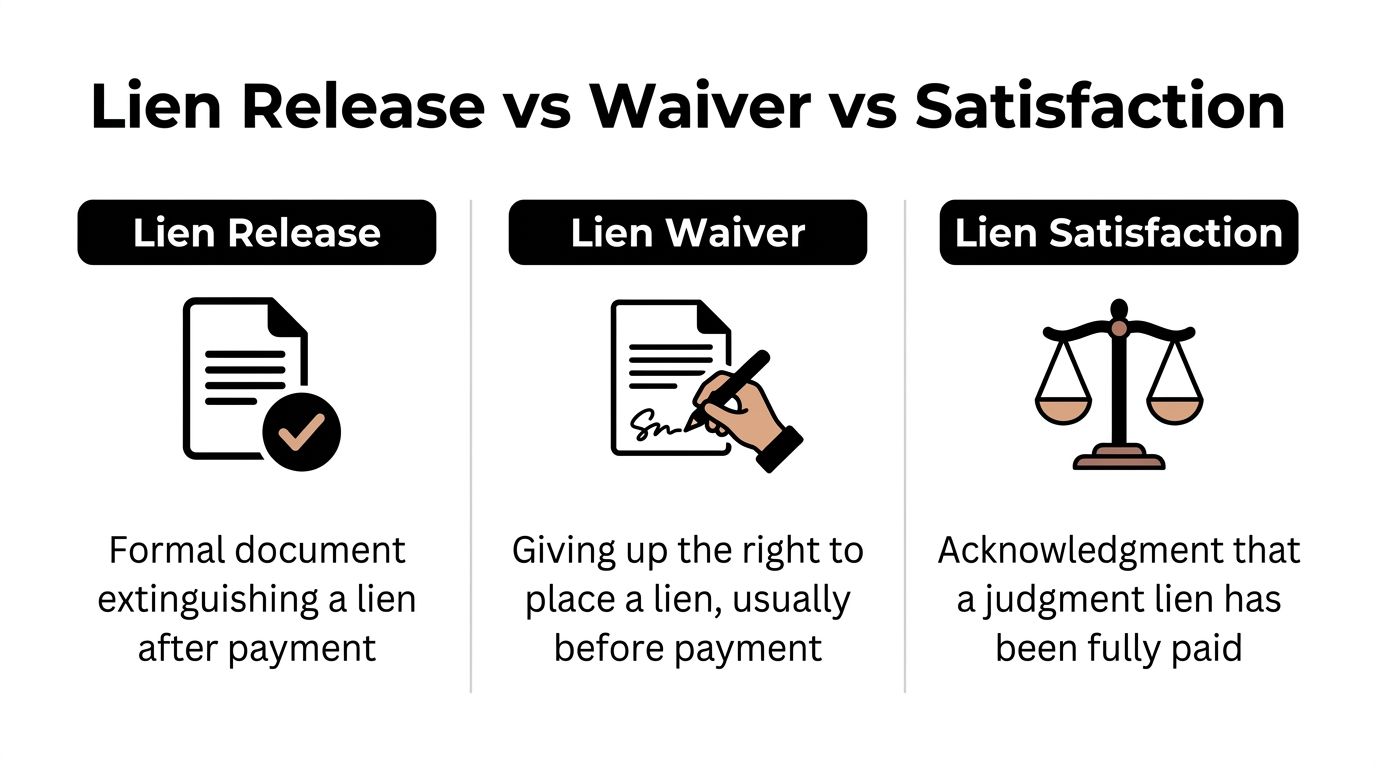 A comparison chart explaining the differences between a lien release, lien waiver, and lien satisfaction documents.