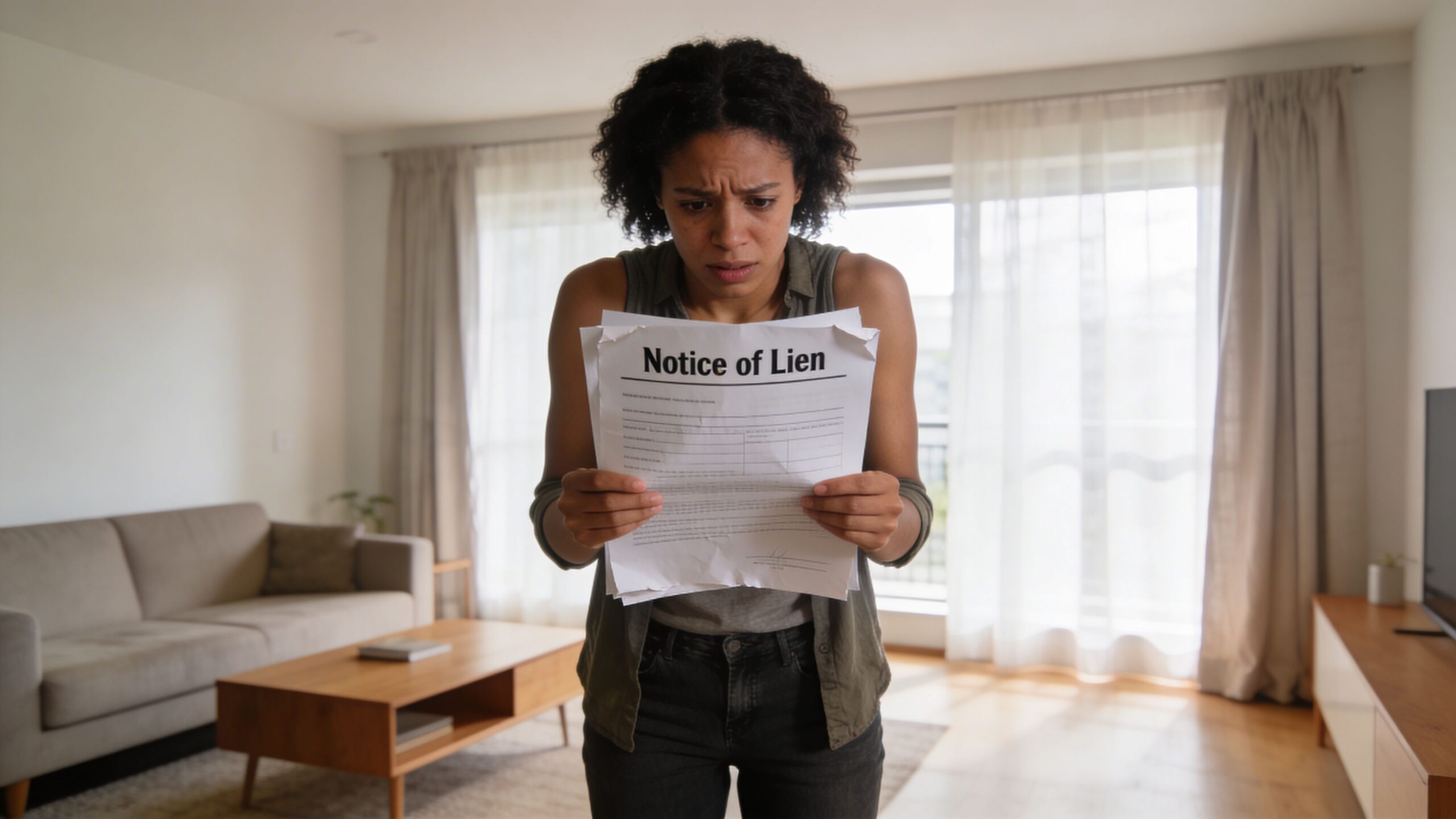 A concerned woman standing in a living room holding a formal Notice of Lien document.