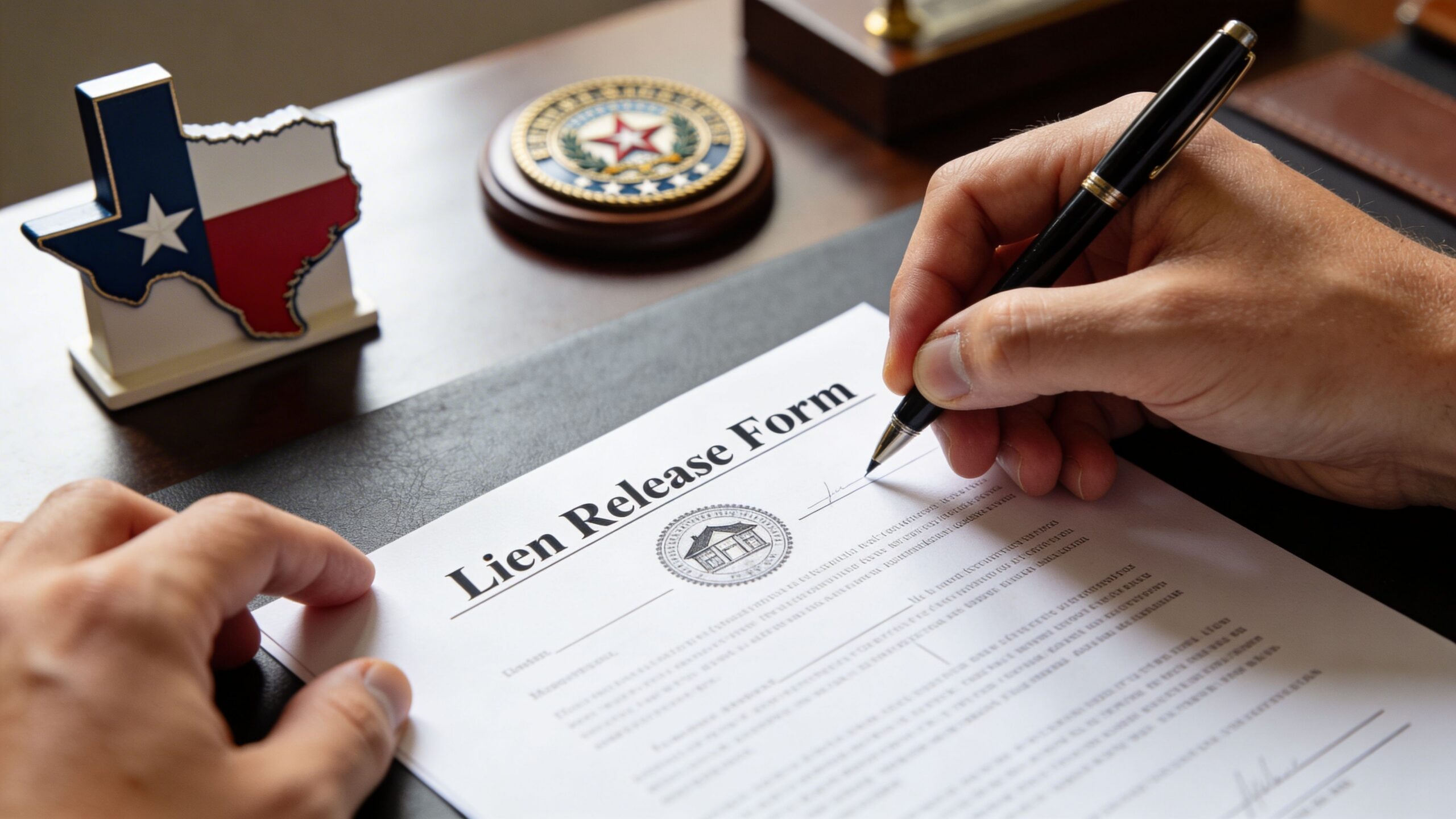 A close-up of a person signing a document labeled Lien Release Form at a desk.