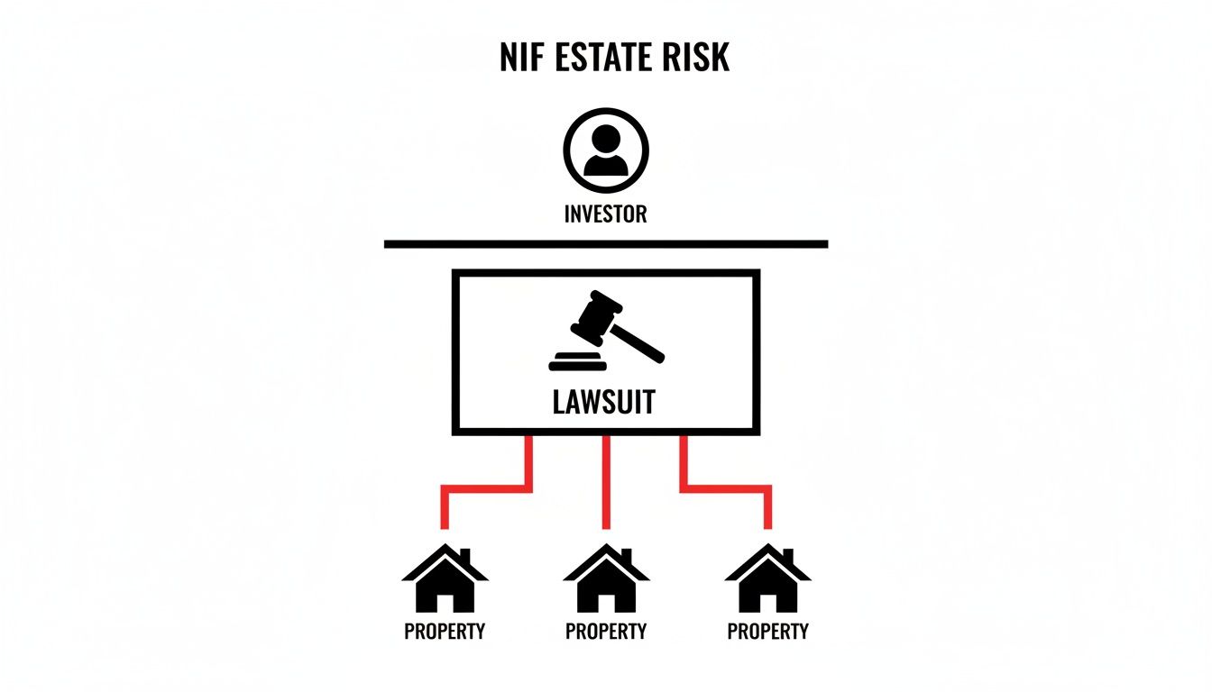 Diagram illustrating NIF estate risk: an investor facing a lawsuit that affects multiple properties.