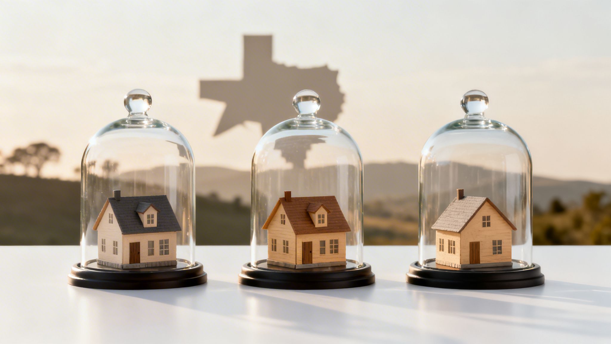 Three miniature houses are protected under glass domes, with a subtle Texas outline in the background.