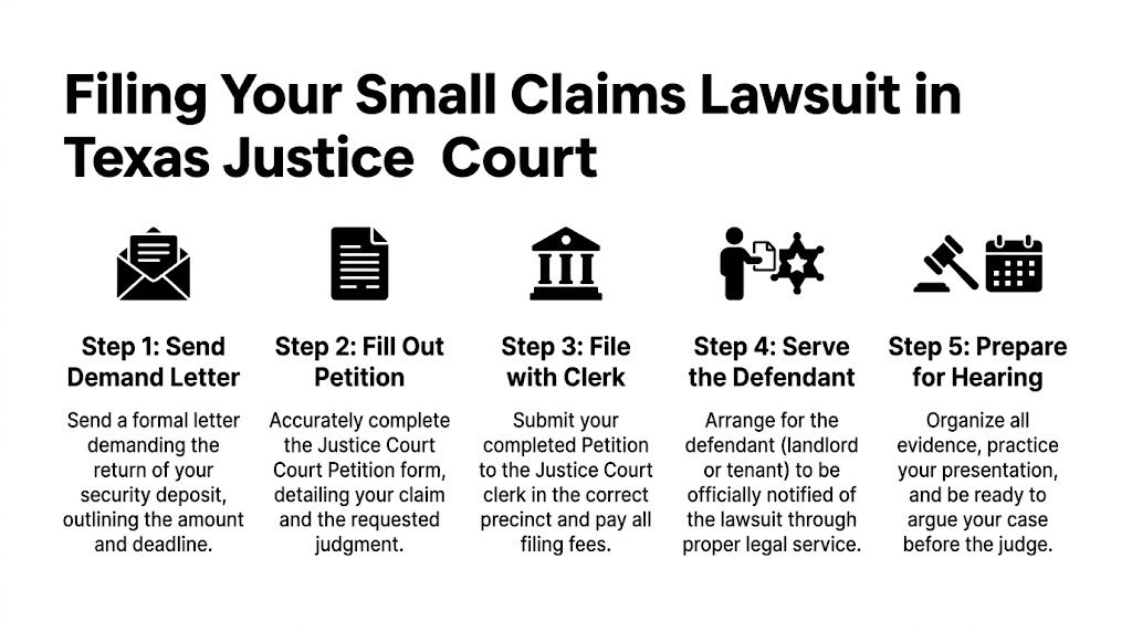 A five-step infographic guide detailing the process for filing a small claims lawsuit in Texas Justice Court.