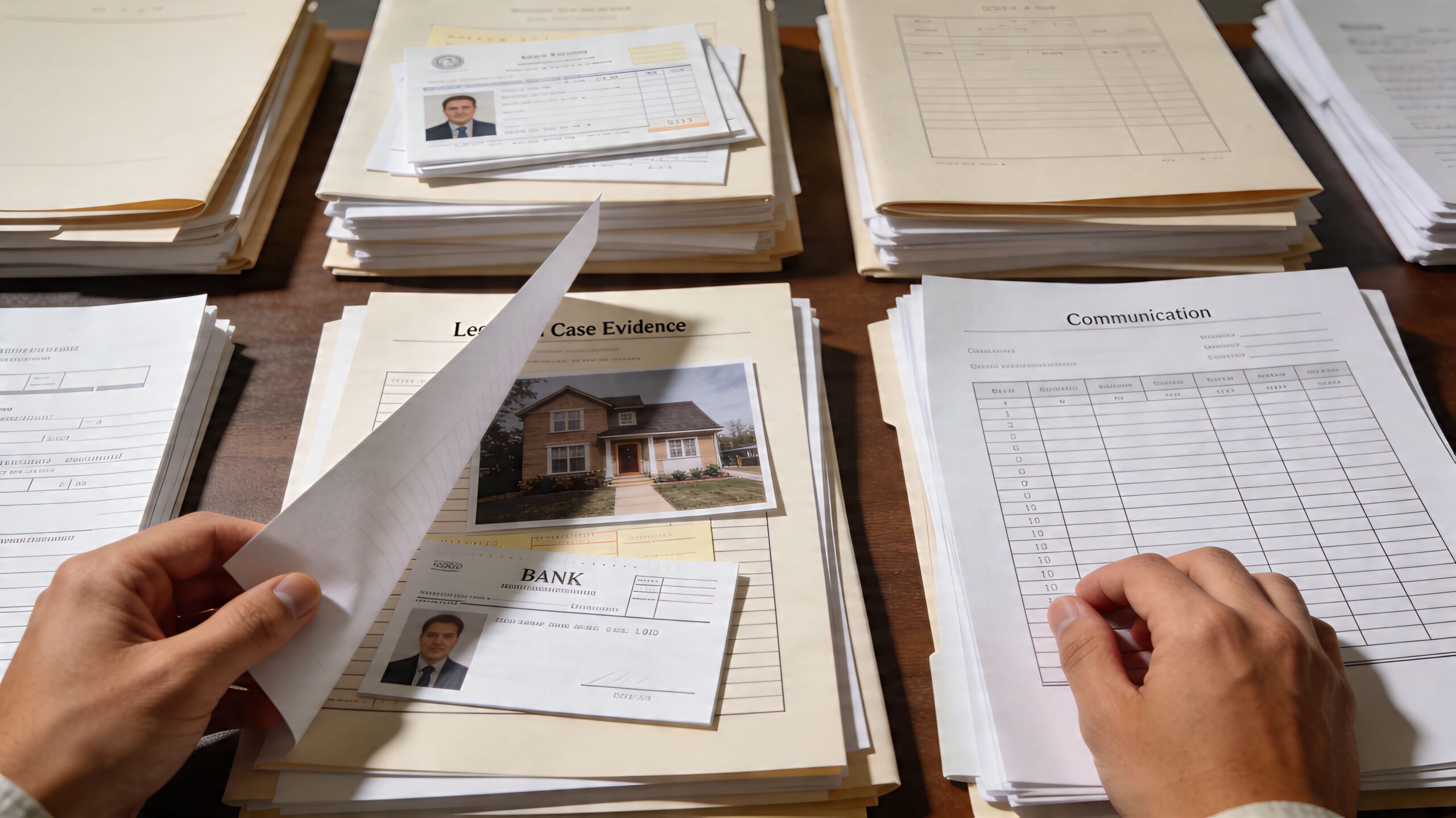 A person organizes legal documents and case evidence folders regarding a landlord and tenant deposit dispute.