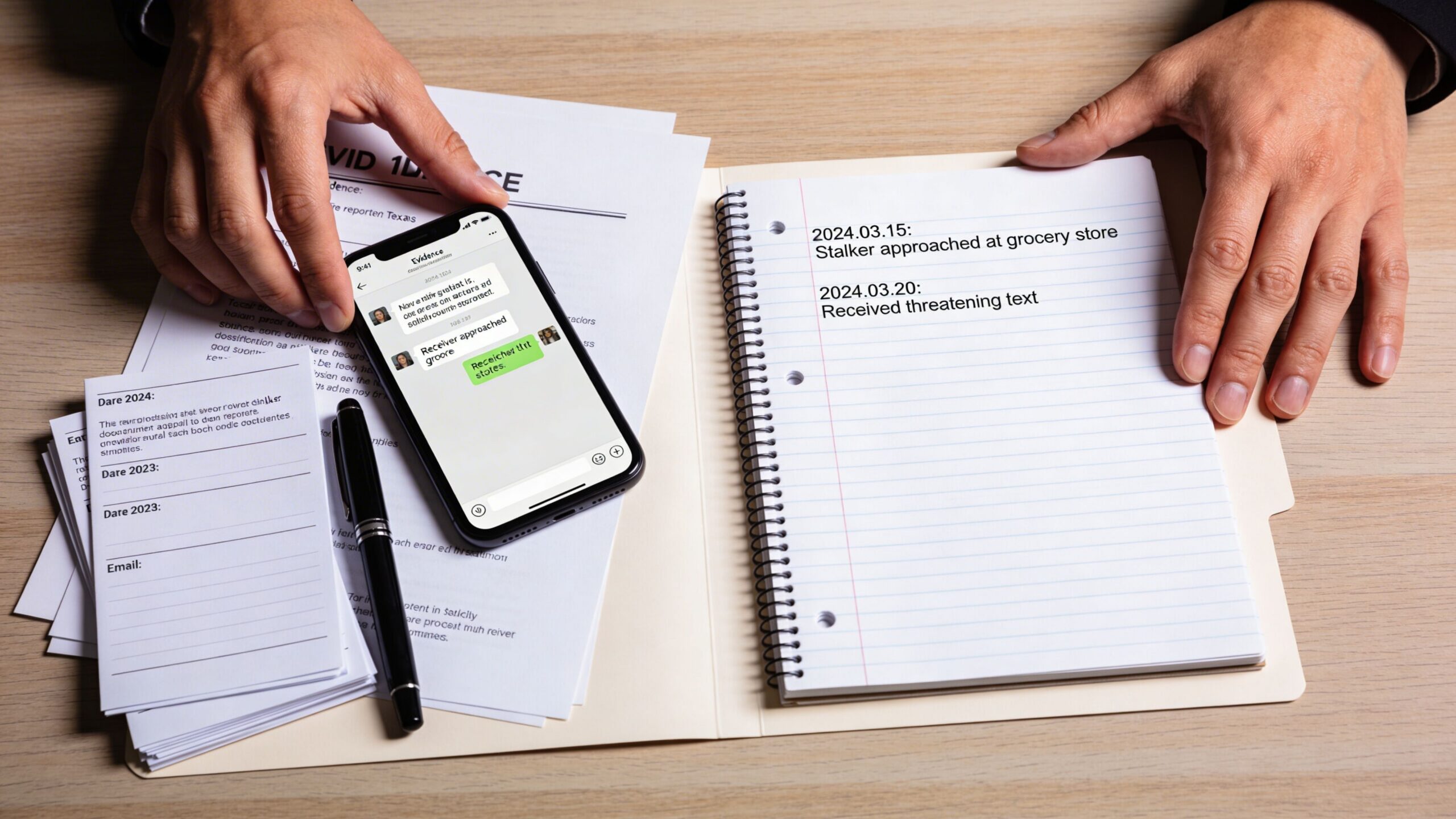 A person documenting evidence of stalking behavior on a notepad while referencing text messages on a smartphone.