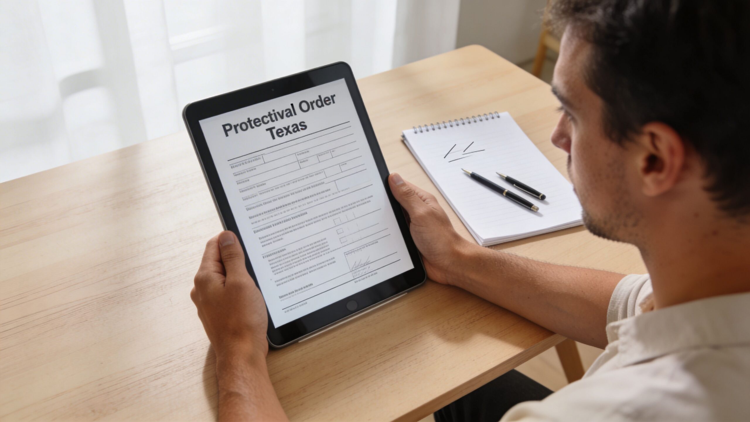 A man holds a tablet displaying a legal Texas protective order form while sitting at a desk.