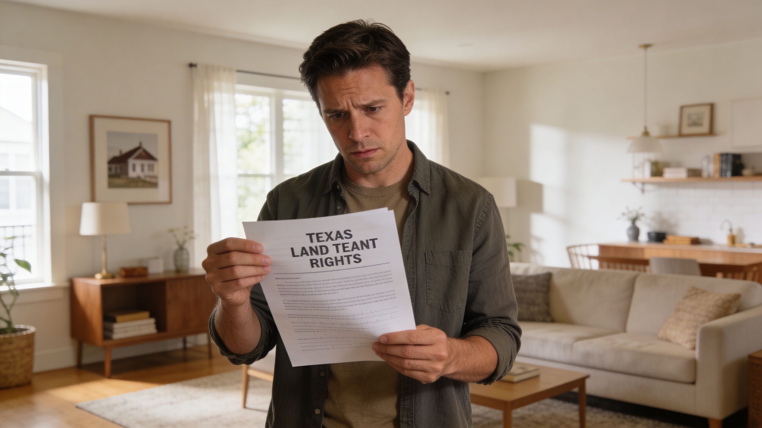 A concerned man holding a document titled Texas Land Teant Rights in a well-lit modern living room.