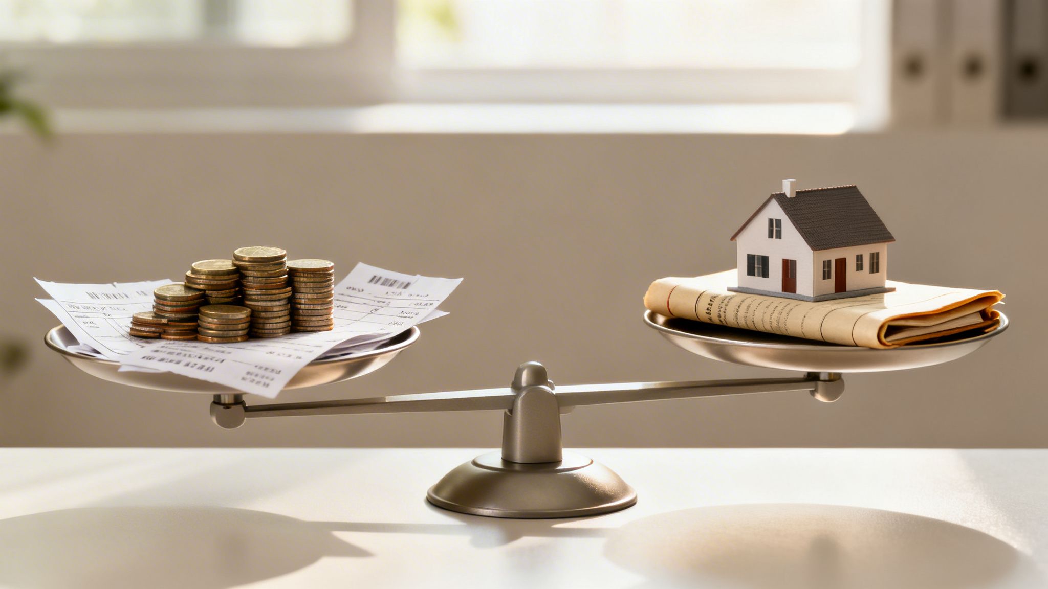 A balance scale comparing stacks of money and bills with a miniature house on documents.