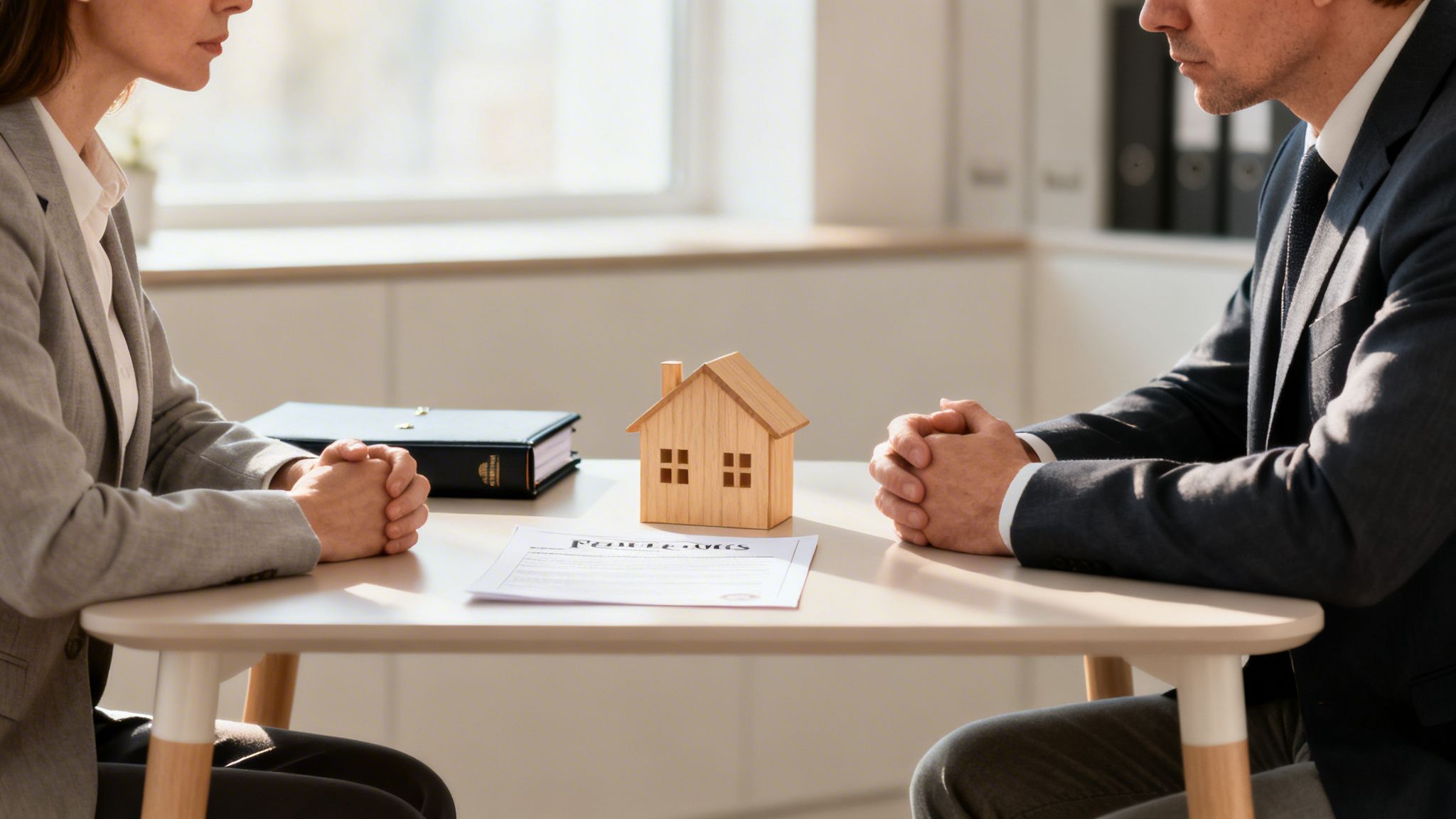 Two individuals in business attire discuss property matters with a house model and document on the table.