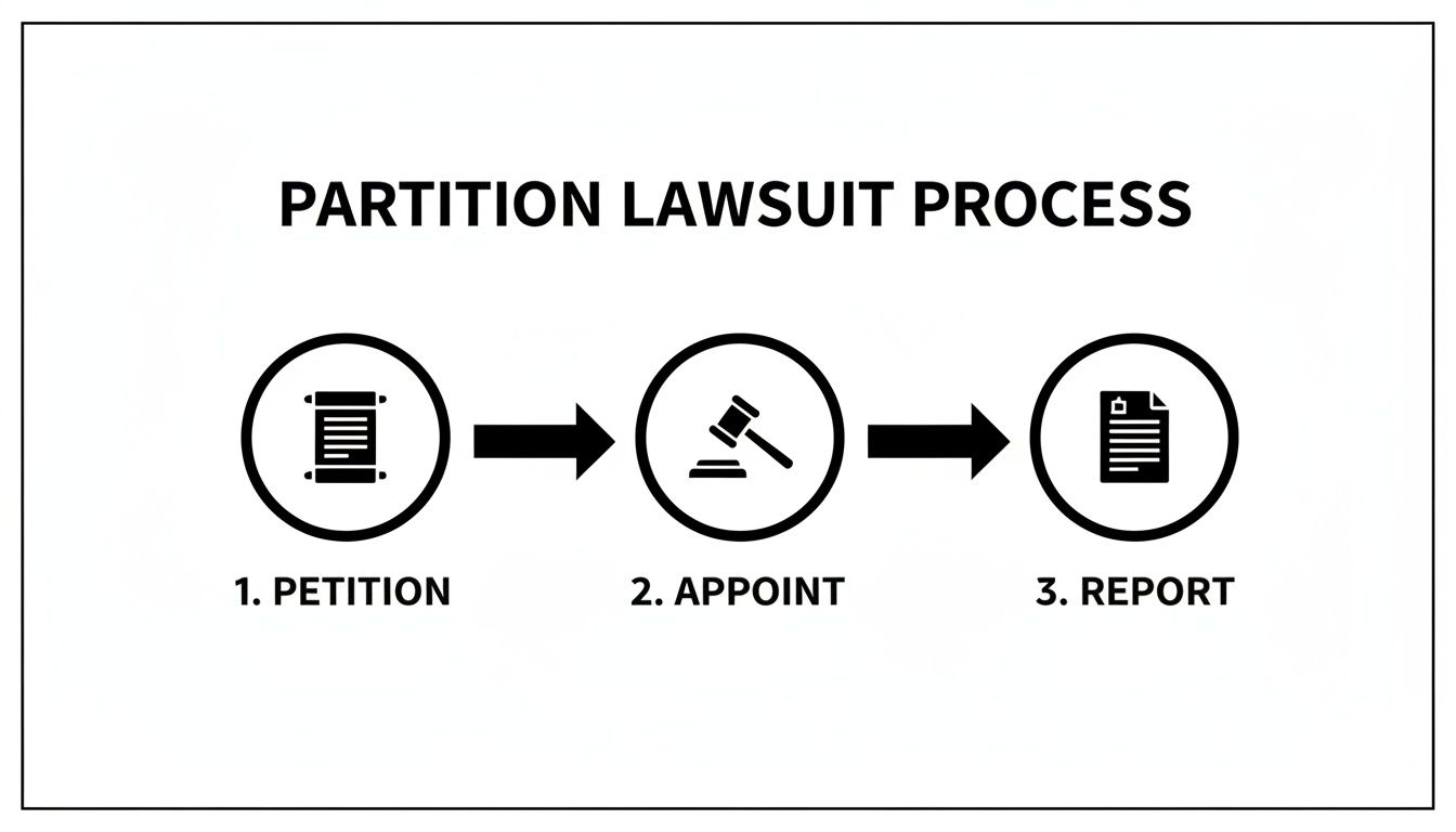 Flowchart illustrating the three-step partition lawsuit process: Petition, Appoint, Report.