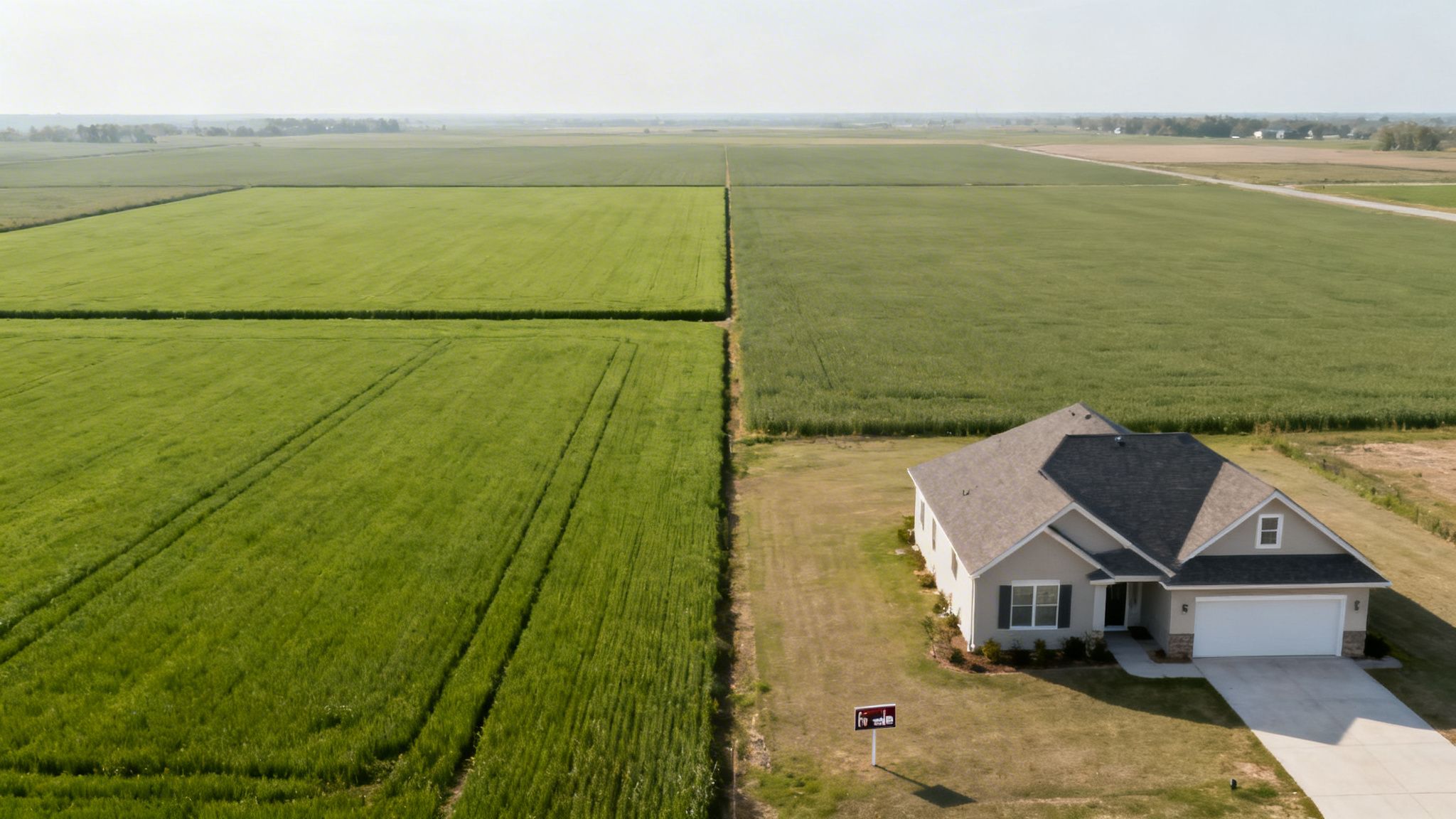Aerial view of a modern house with a 'for sale' sign next to vast green agricultural fields.