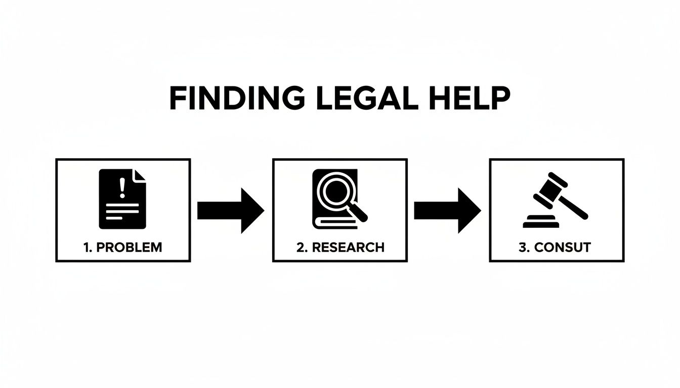 A flowchart illustrating the three steps for finding legal help: problem, research, and consult, with icons.