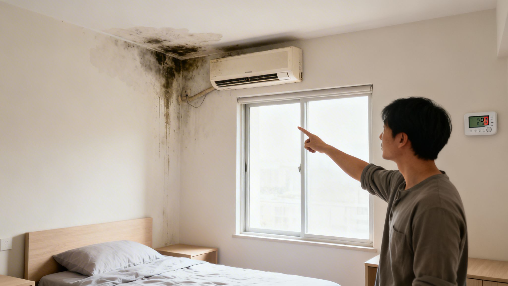 A man points at severe black mold growth on a wall and ceiling in a bedroom.