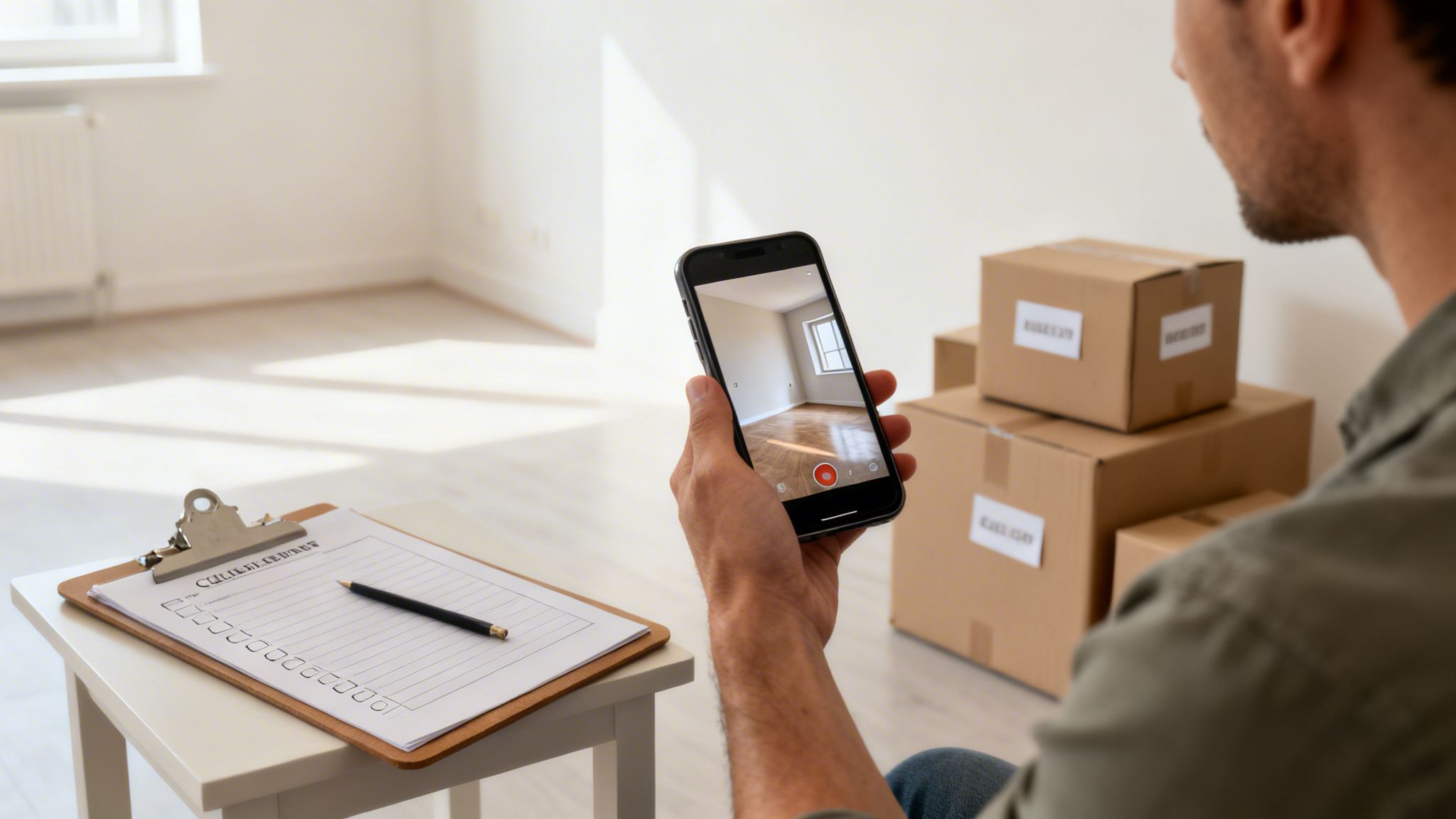 A person records an empty room with a phone, next to a moving checklist and boxes.