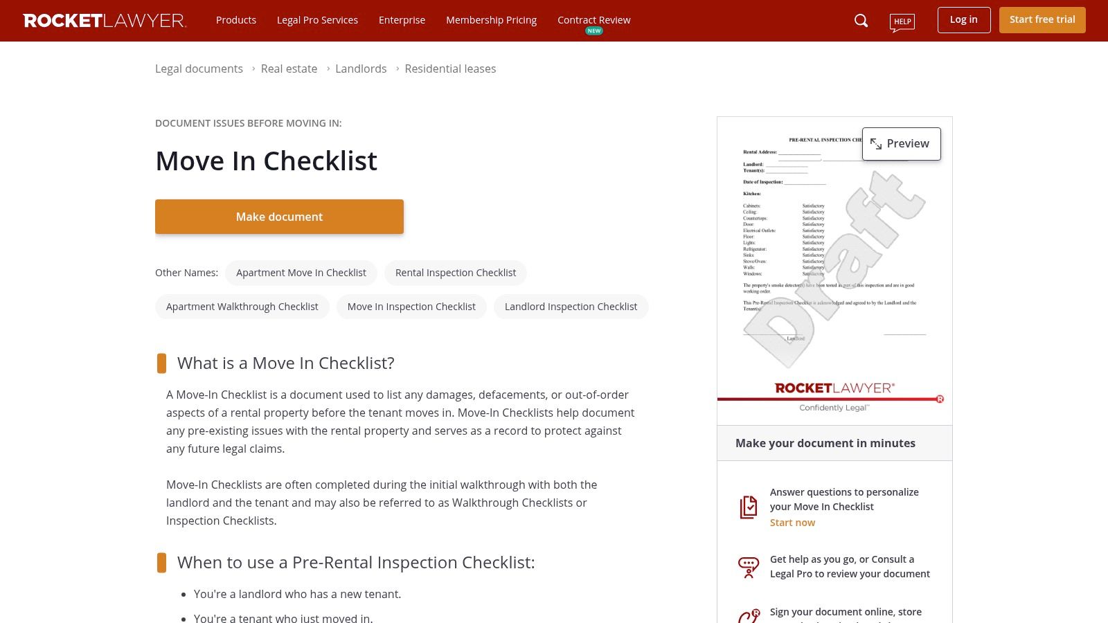 Rocket Lawyer &mdash; Move‑In (Pre‑Rental) Inspection Checklist