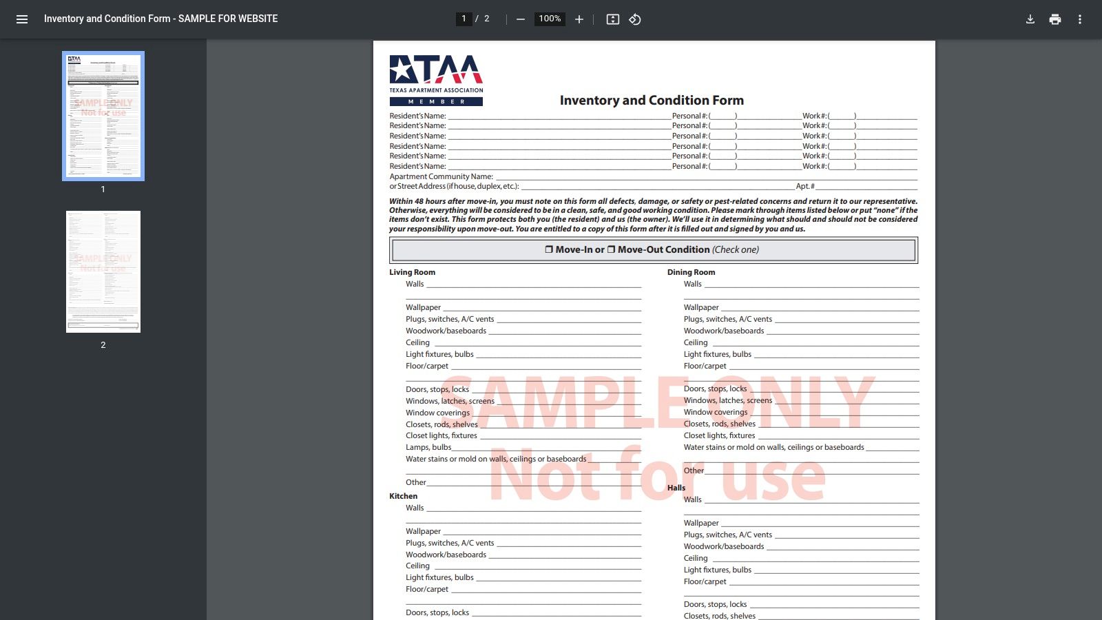 Texas Apartment Association &mdash; Inventory & Condition Form (Sample)