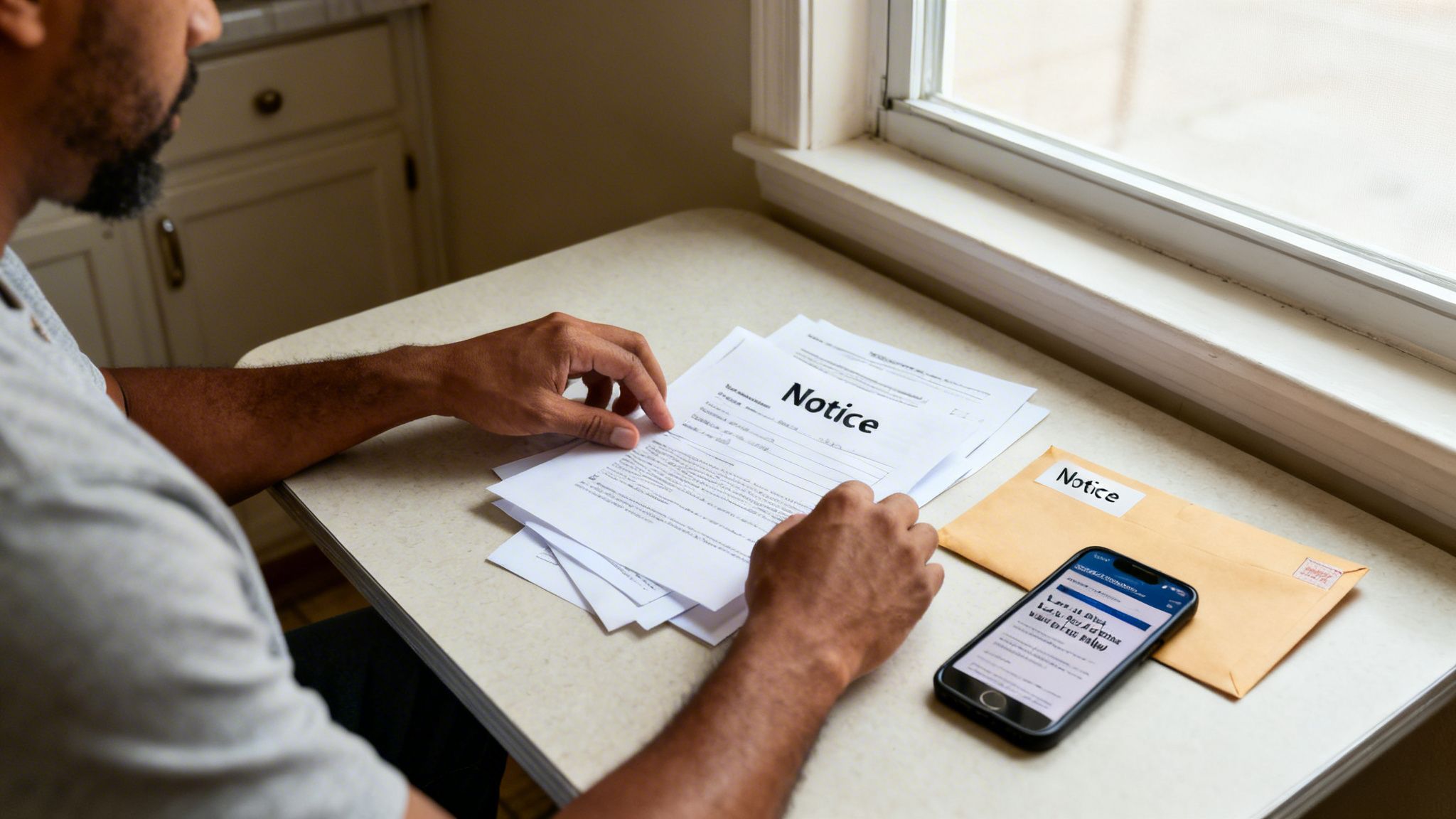 A man reviews notice documents on a table, next to an envelope and smartphone.