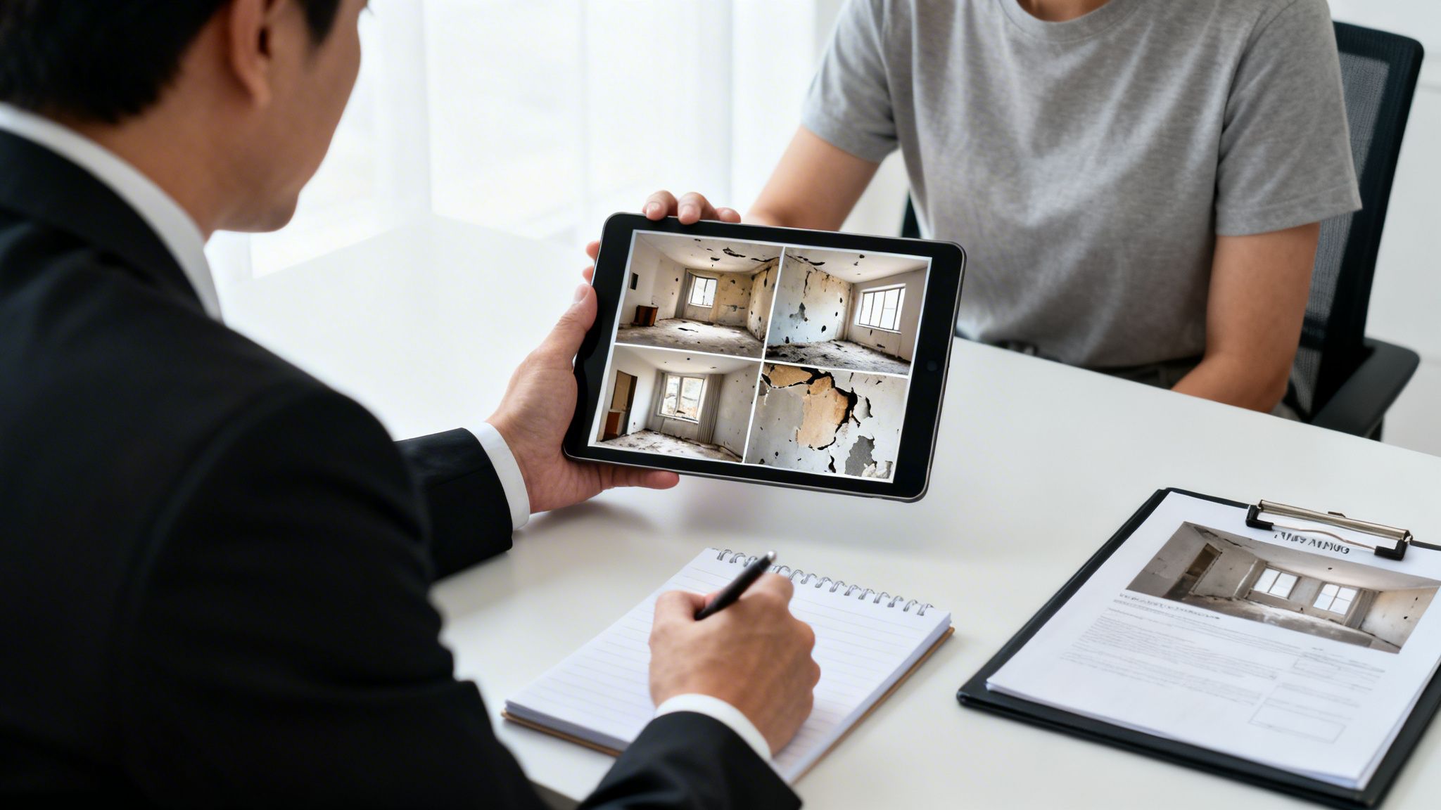 Lawyer shows a tablet with four images of a severely damaged room to a client.