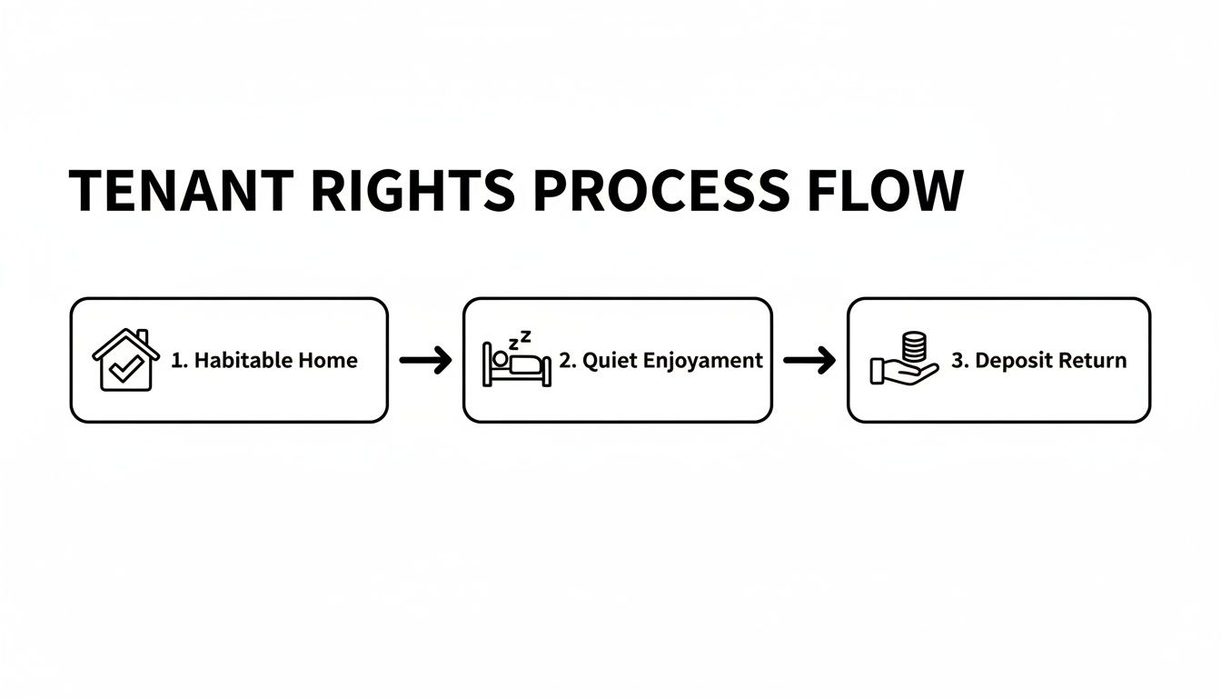 A flow chart illustrating the tenant rights process: habitable home, quiet enjoyment, and deposit return.