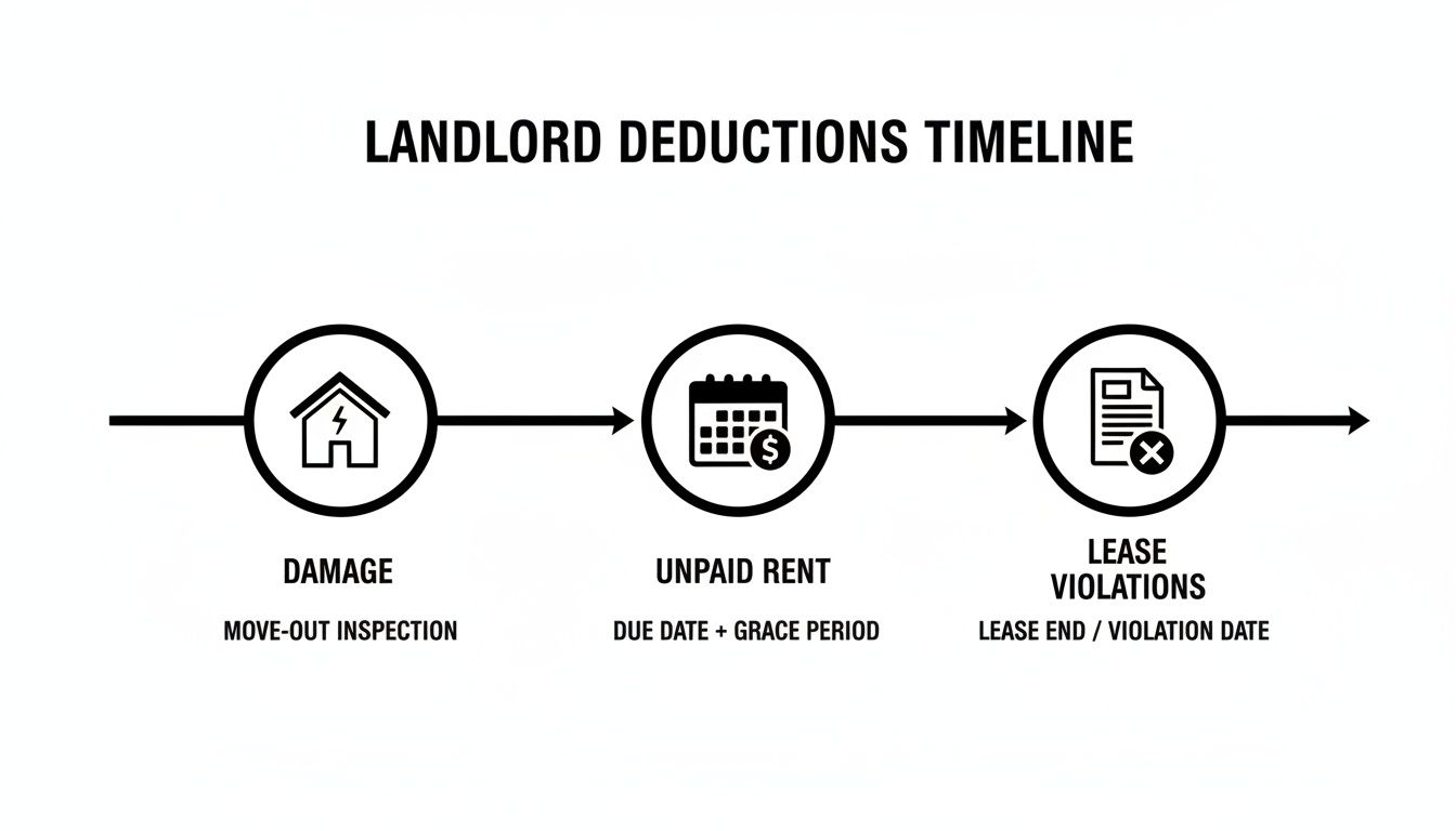 A landlord deductions timeline showing reasons like damage, unpaid rent, and lease violations.