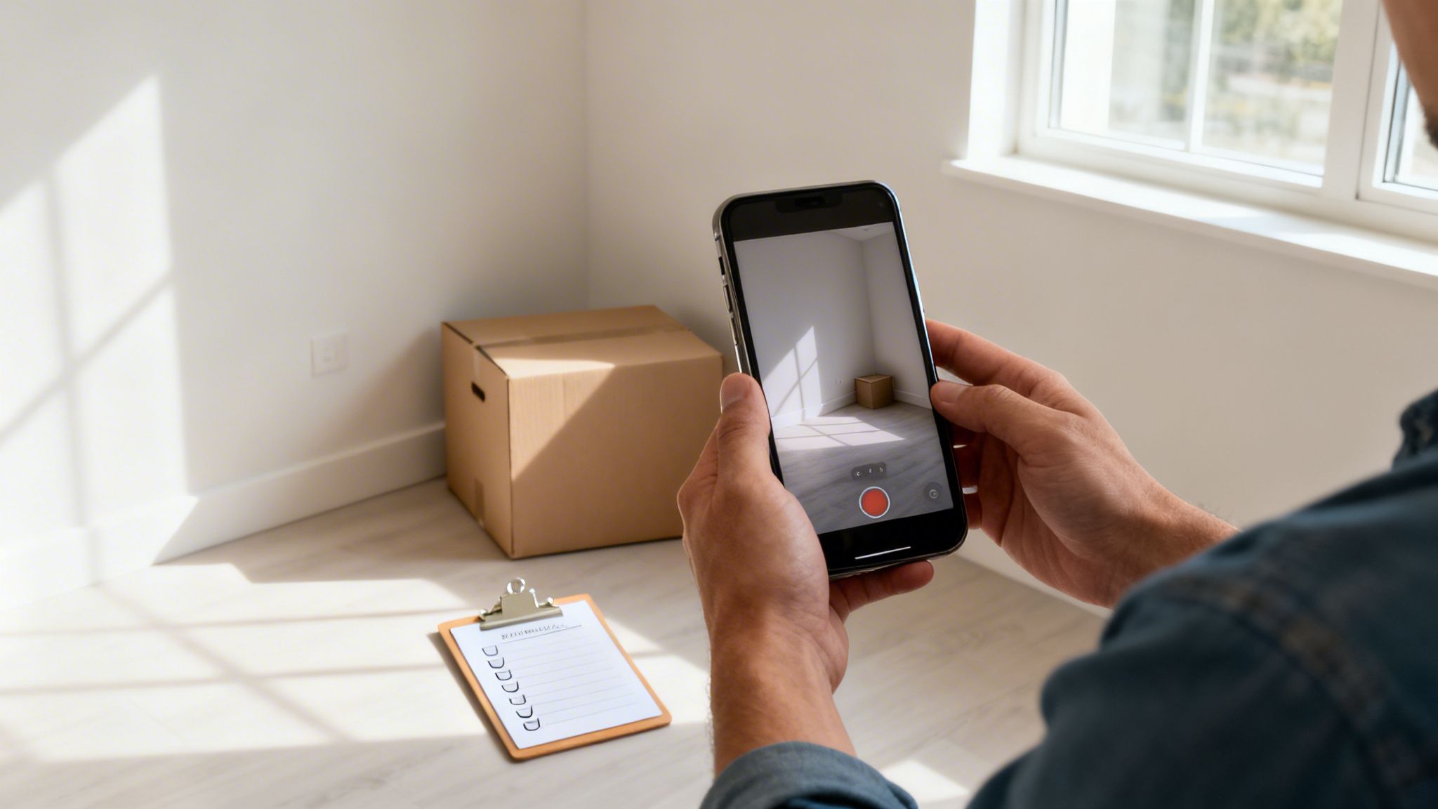 A person holds a phone, taking a video of an empty room with a cardboard box and checklist.