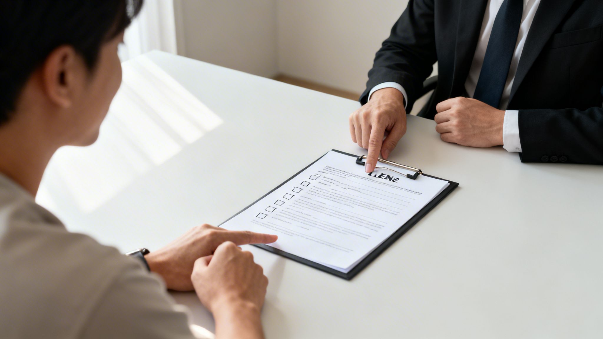 Two men discuss a resume during a job interview, both pointing at the document on a white table.
