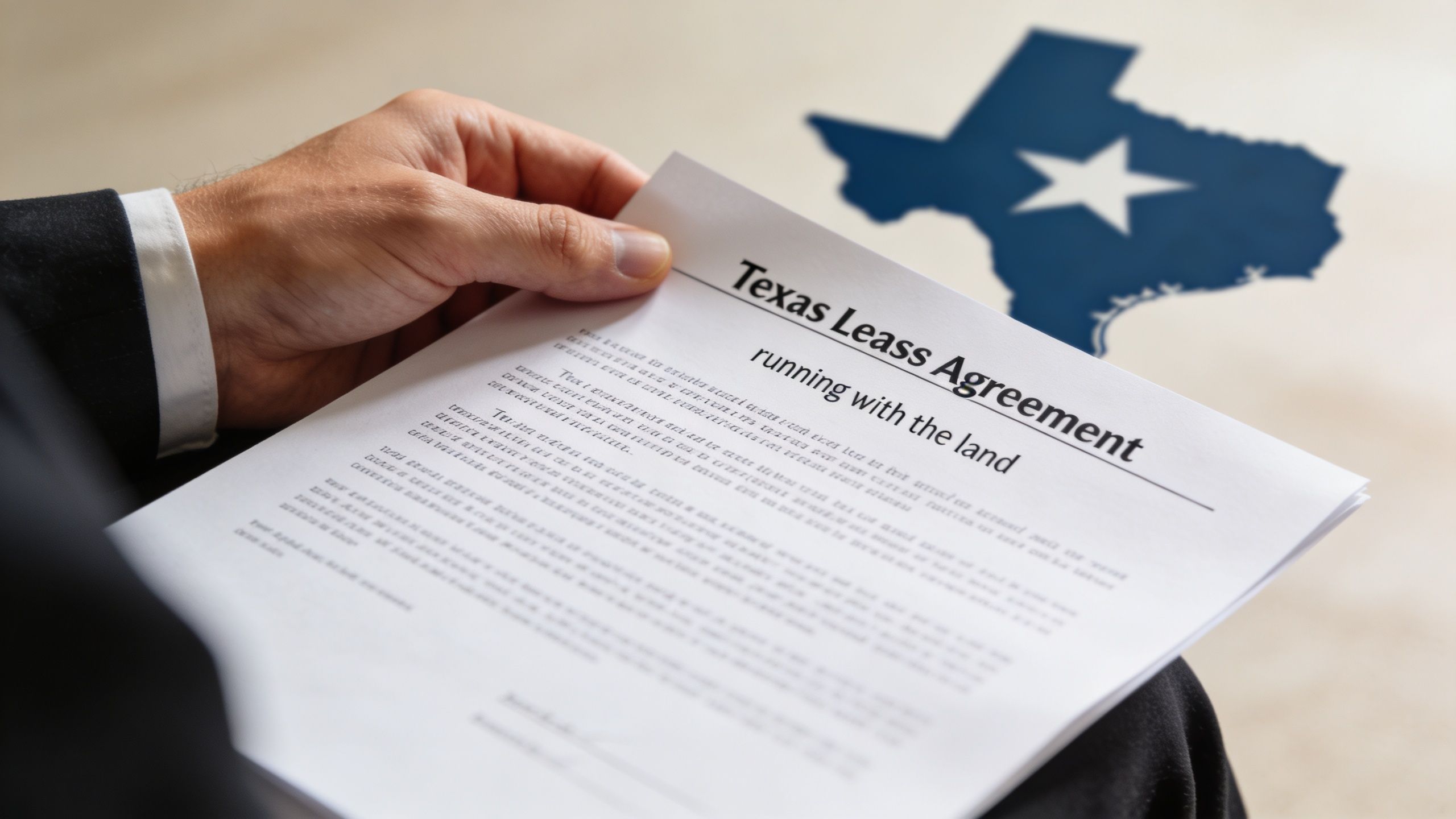 A professional in a suit holds a Texas lease agreement document next to a Texas state silhouette.