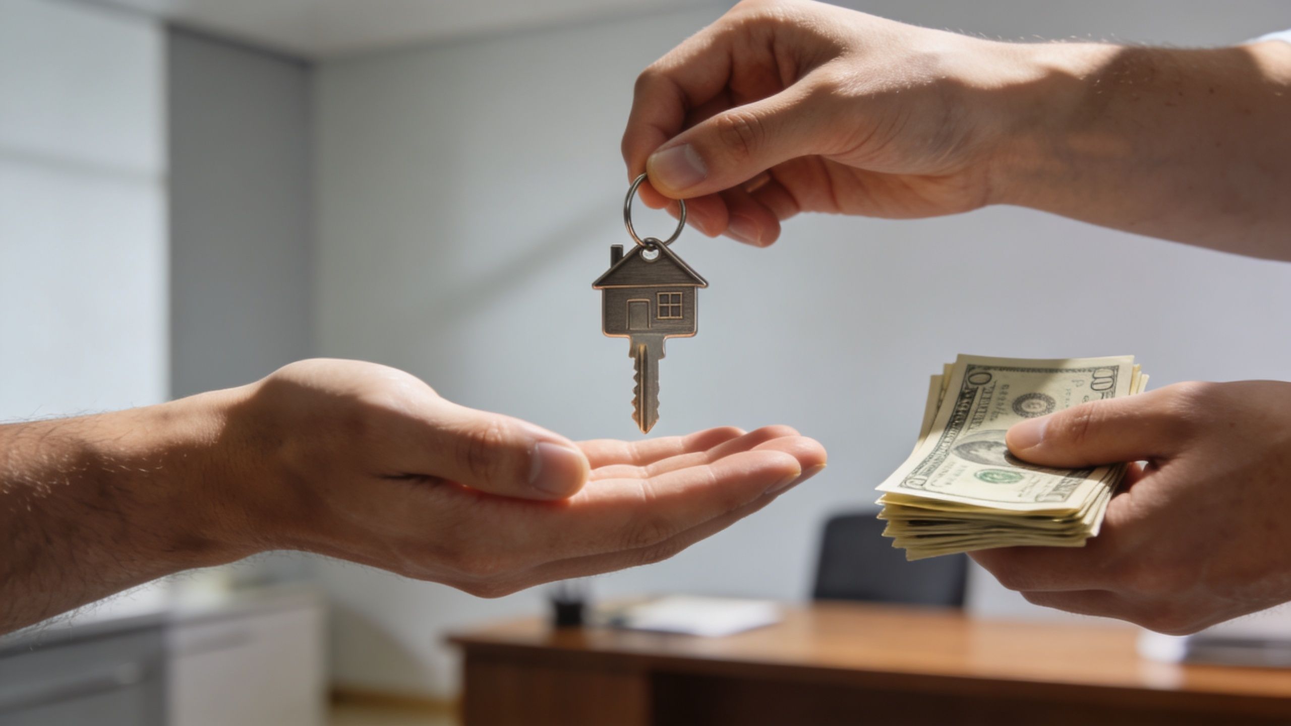 A landlord hands house keys to a tenant in exchange for a stack of cash money