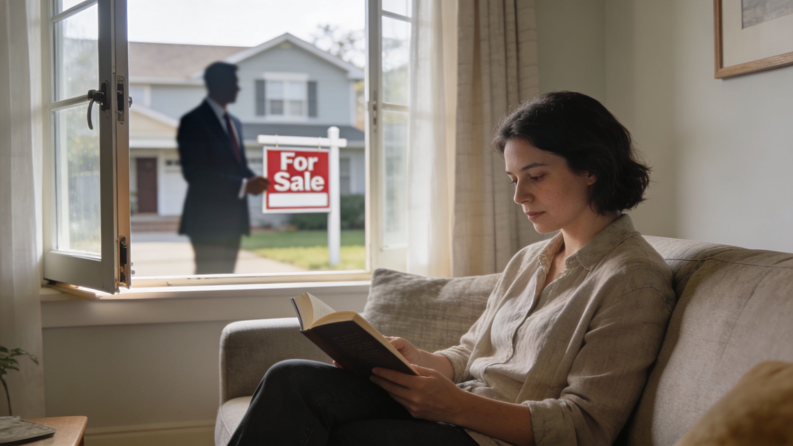 A woman reading a book on a couch while a realtor stands outside with a property for sale sign.