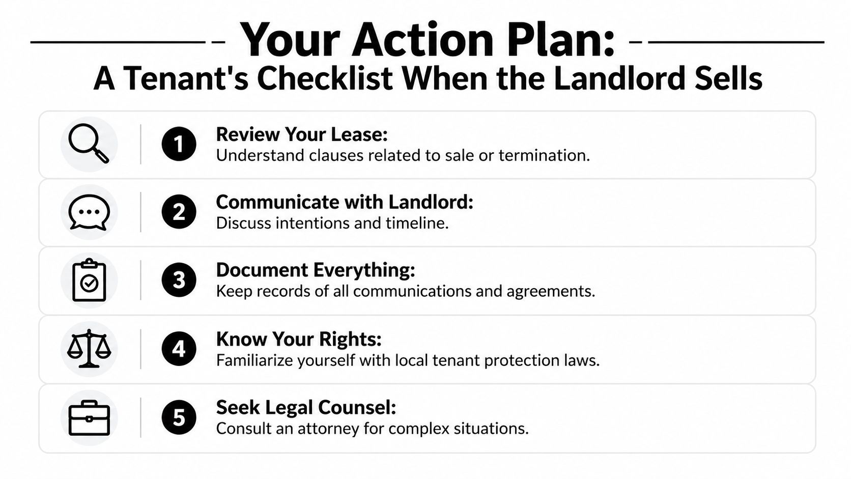 A five-step action plan checklist for tenants outlining what to do when their landlord sells the property.