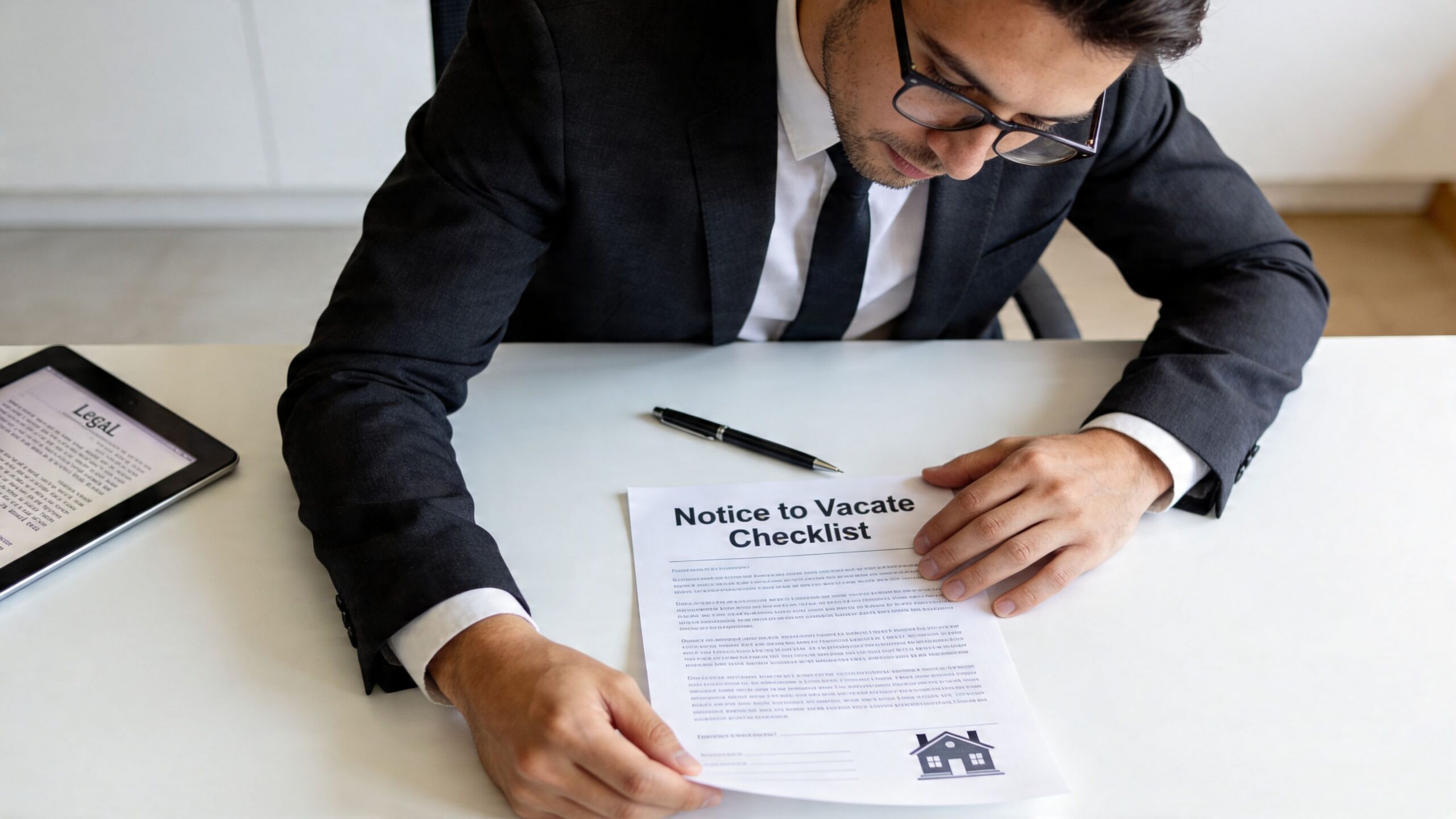A professional man in a suit reading a notice to vacate checklist document at an office desk.