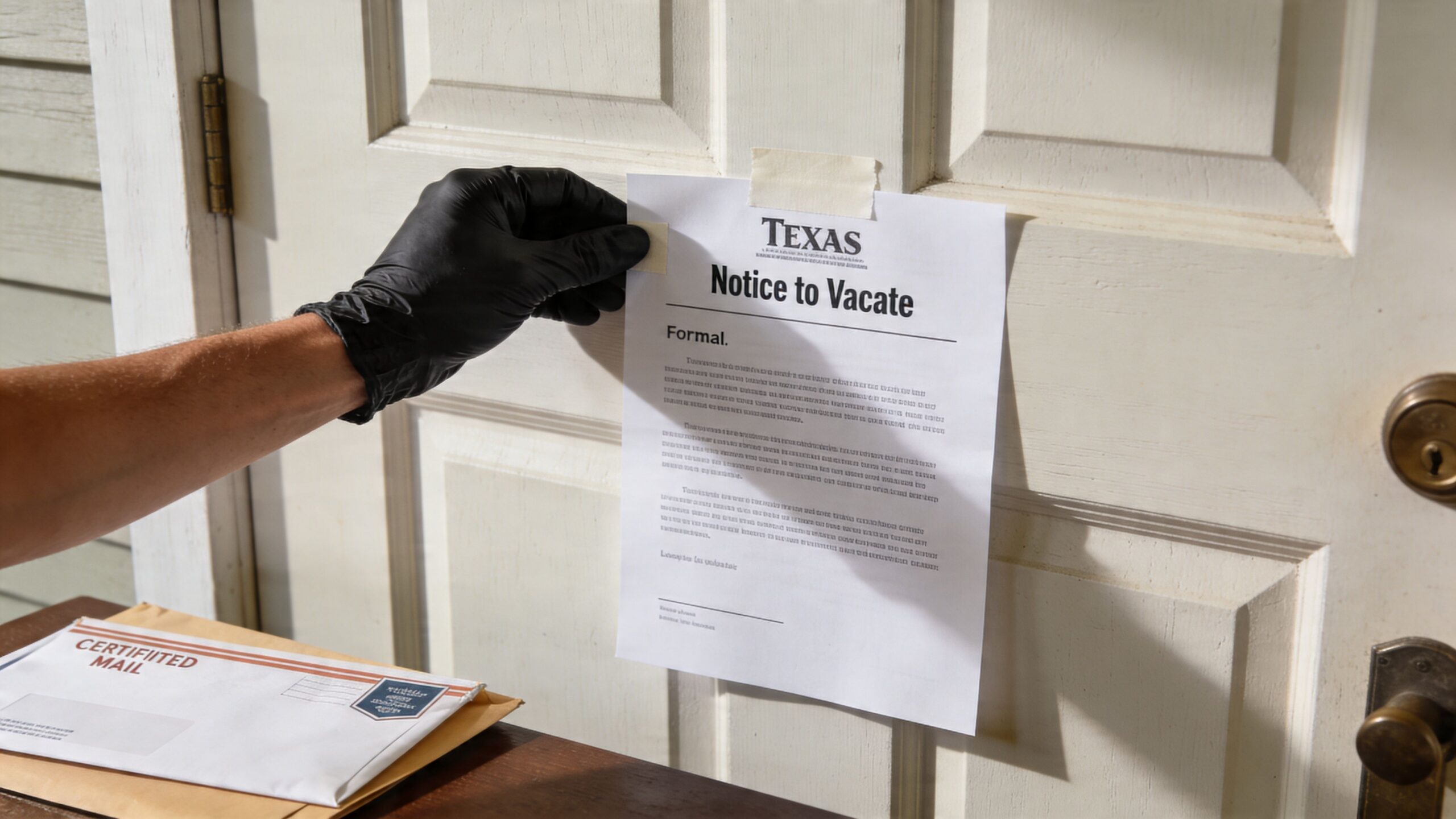 A gloved hand attaching a formal Texas Notice to Vacate document to a residential front door.