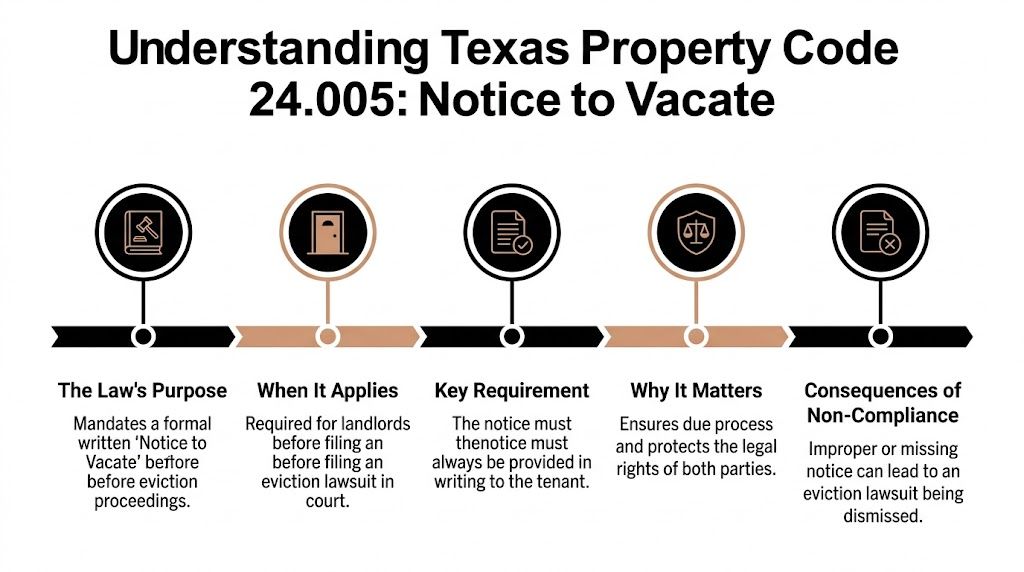 A timeline graphic explaining Texas Property Code 24.005 regarding the mandatory written notice to vacate for evictions.