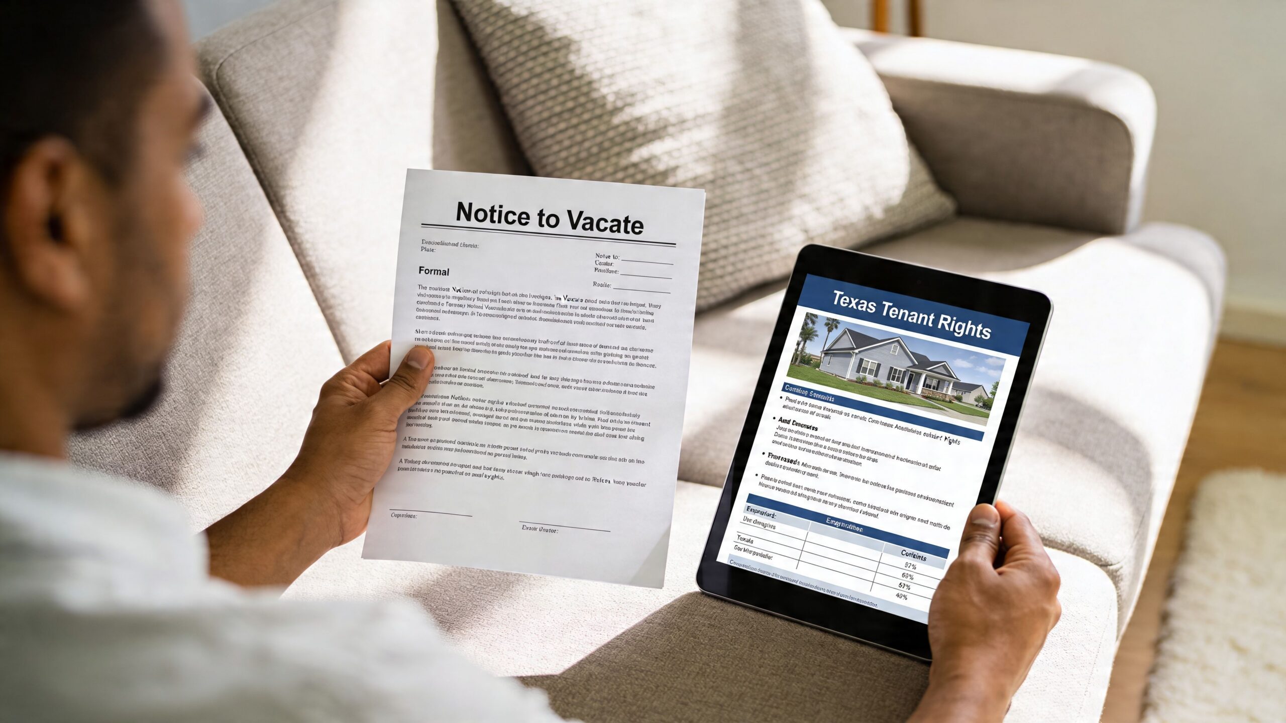A person holds a notice to vacate form and a tablet displaying Texas tenant rights information.