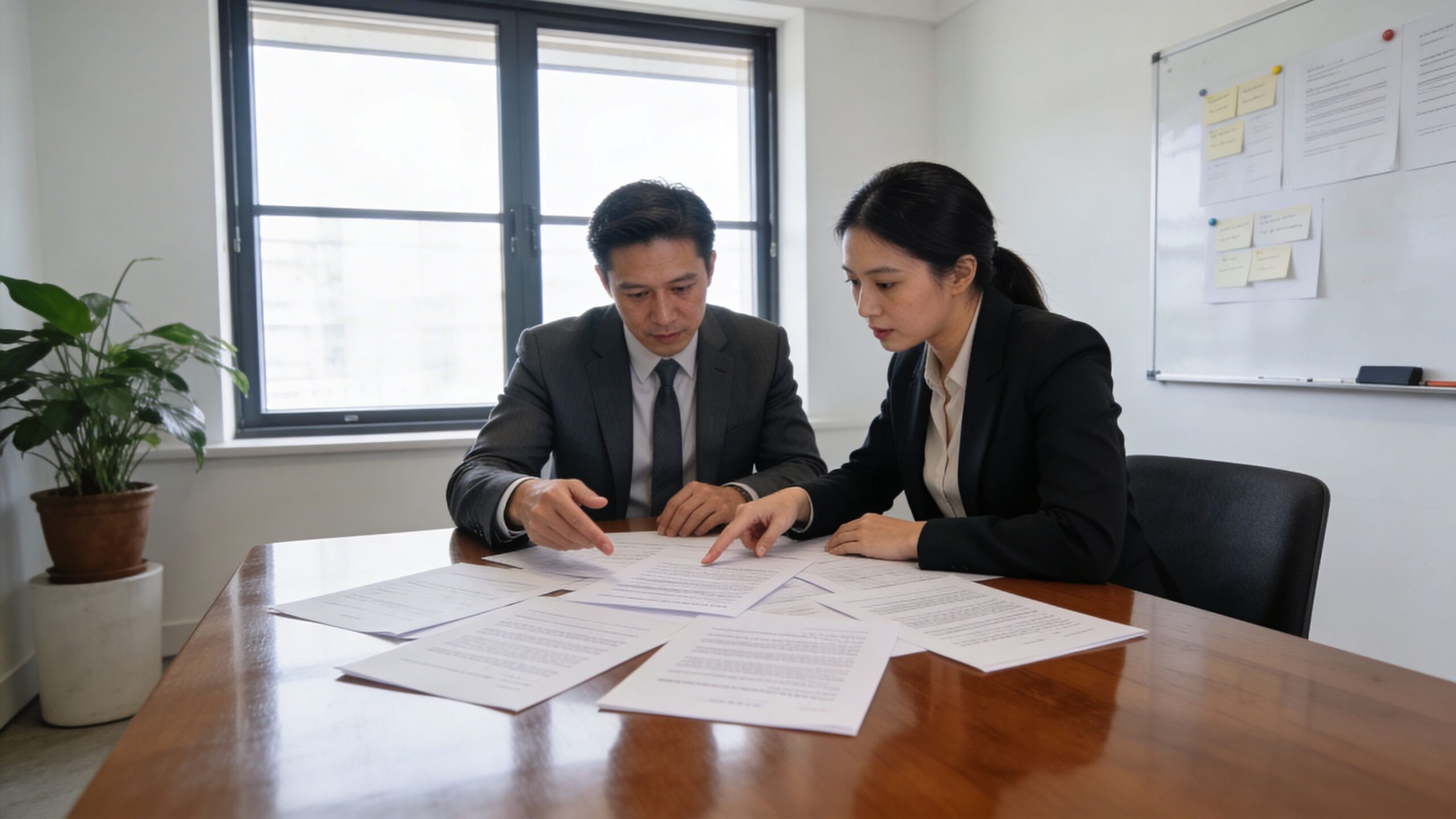 A professional man and woman in business attire reviewing documents together at an office table.