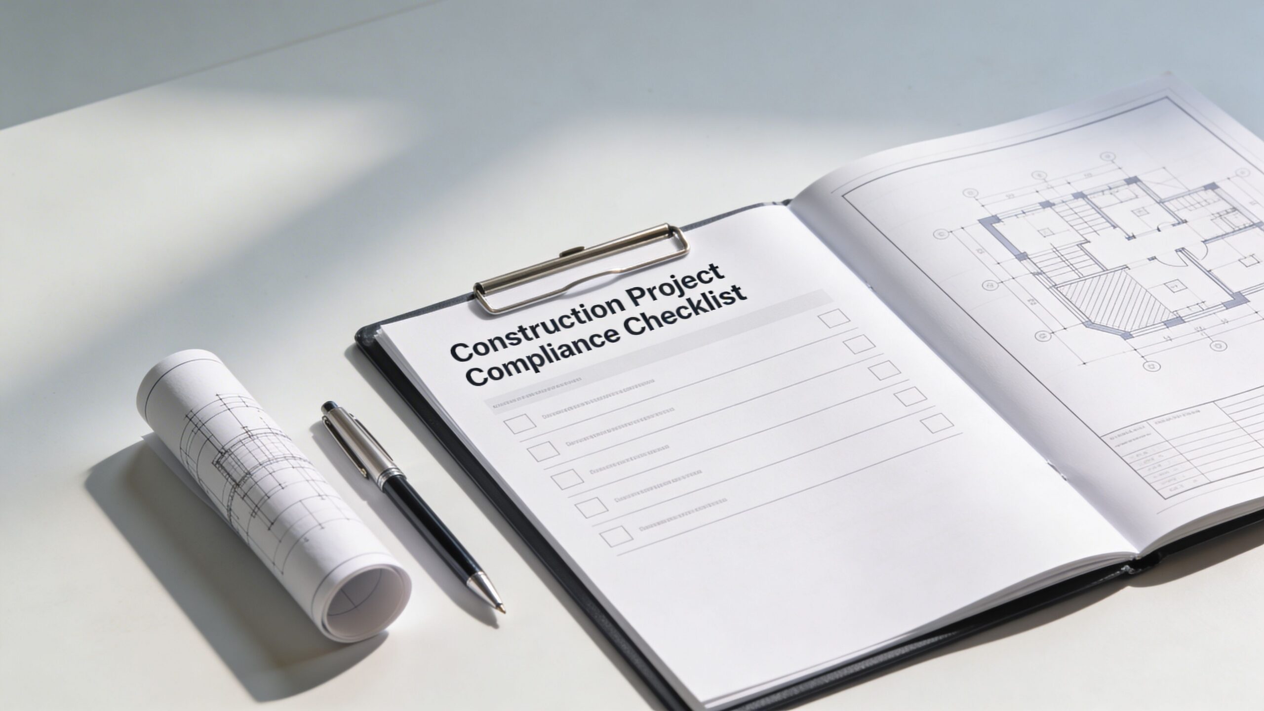 A clipboard with a Construction Project Compliance Checklist resting on a table next to architectural floor plan blueprints.