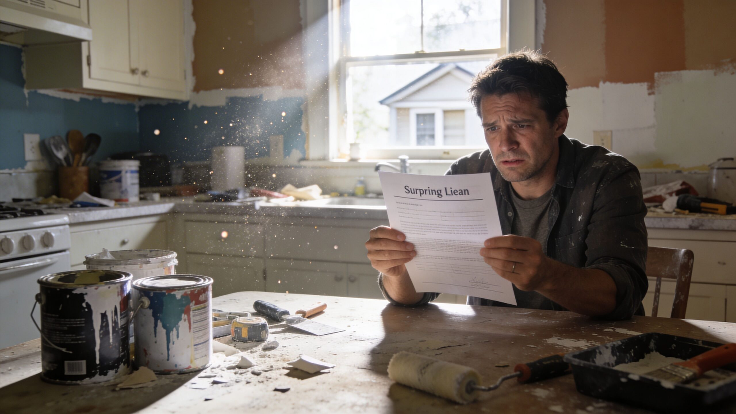 A concerned man holding a paper labeled Surprising Liean at a messy table in a renovating kitchen.