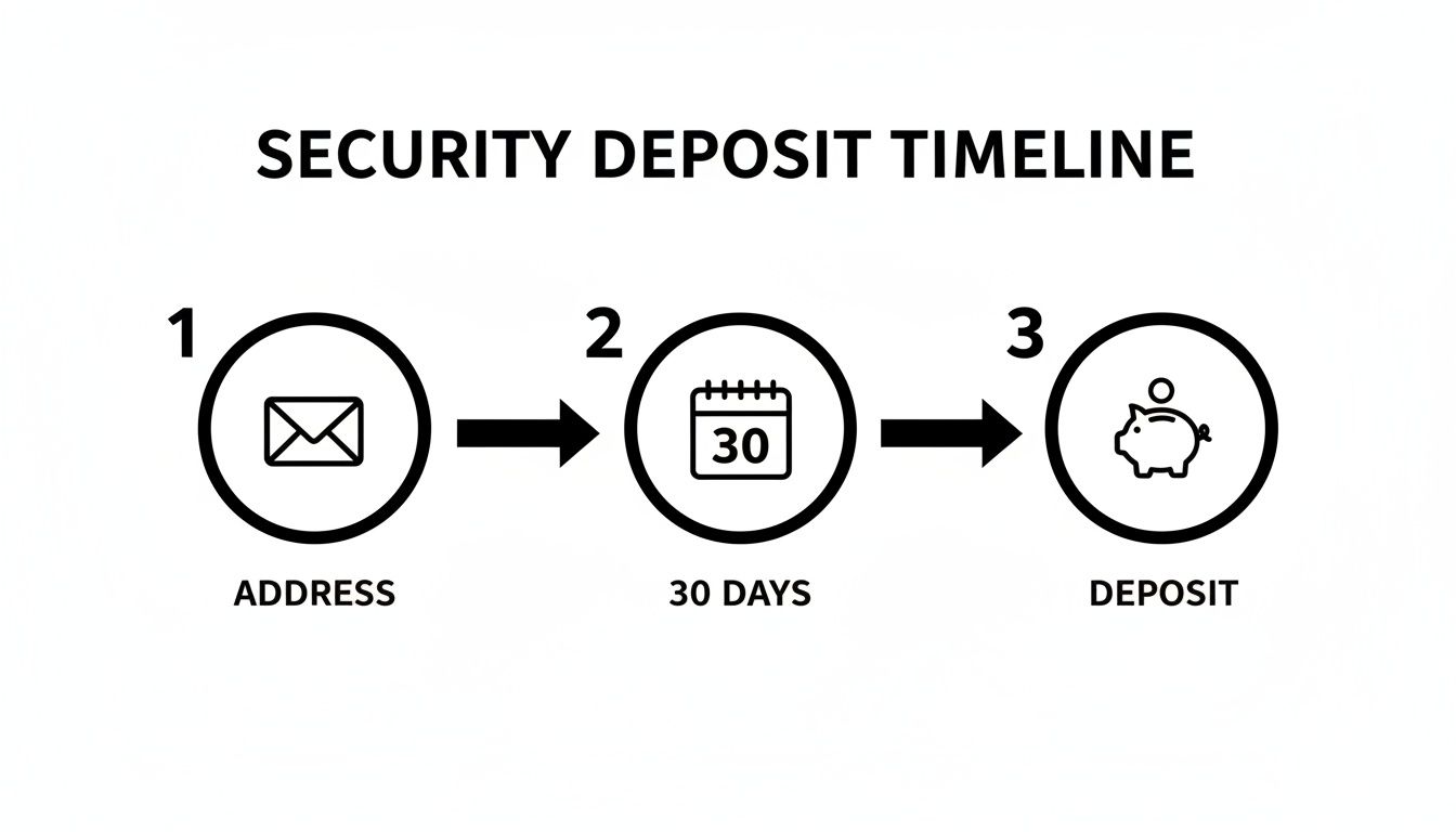 A security deposit timeline infographic showing three steps: address, 30 days, and deposit process.