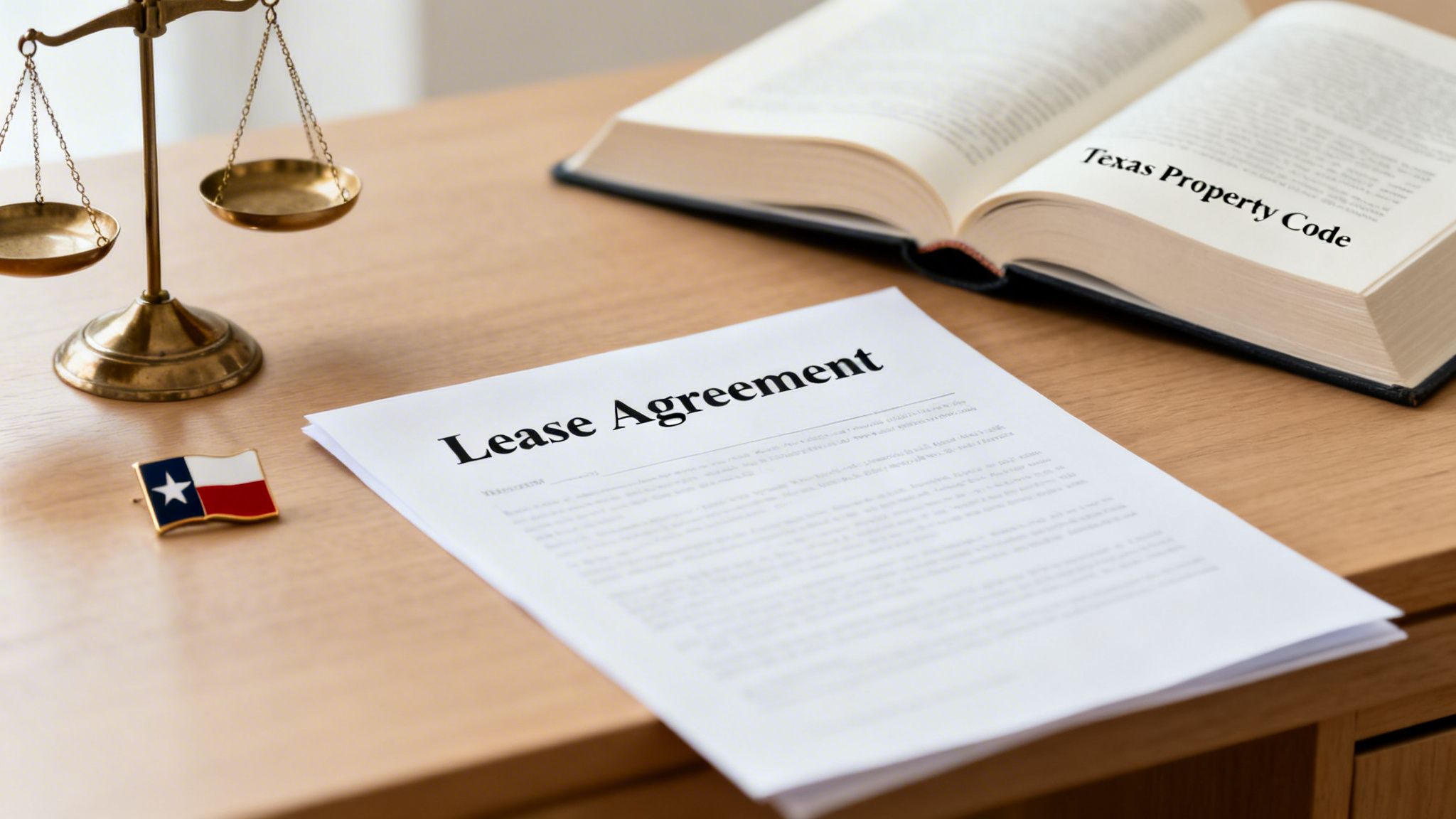 A Texas Lease Agreement document, property code book, justice scales, and Texas flag pin on a desk.