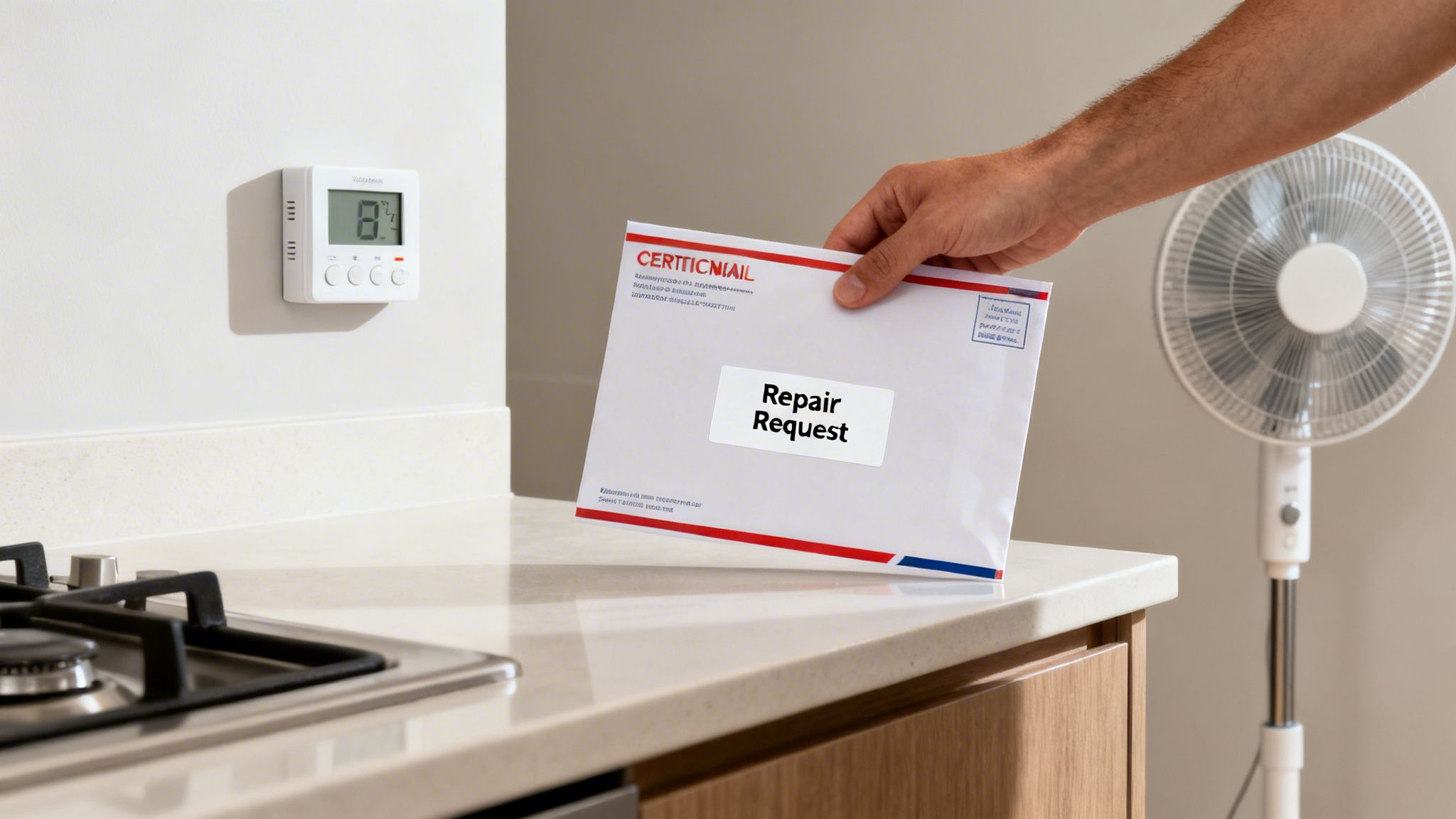 A hand holds a white envelope labeled 'Repair Request' in a room with a wall thermostat.