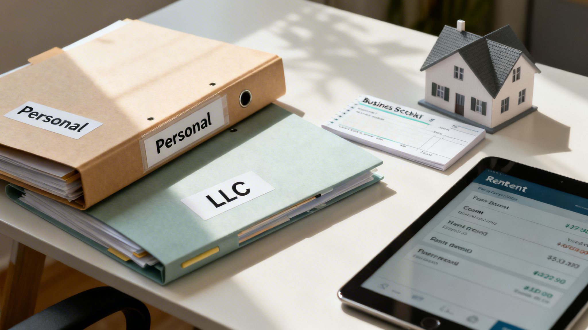 Documents for personal and LLC finances, a model house, and a tablet on a white desk.